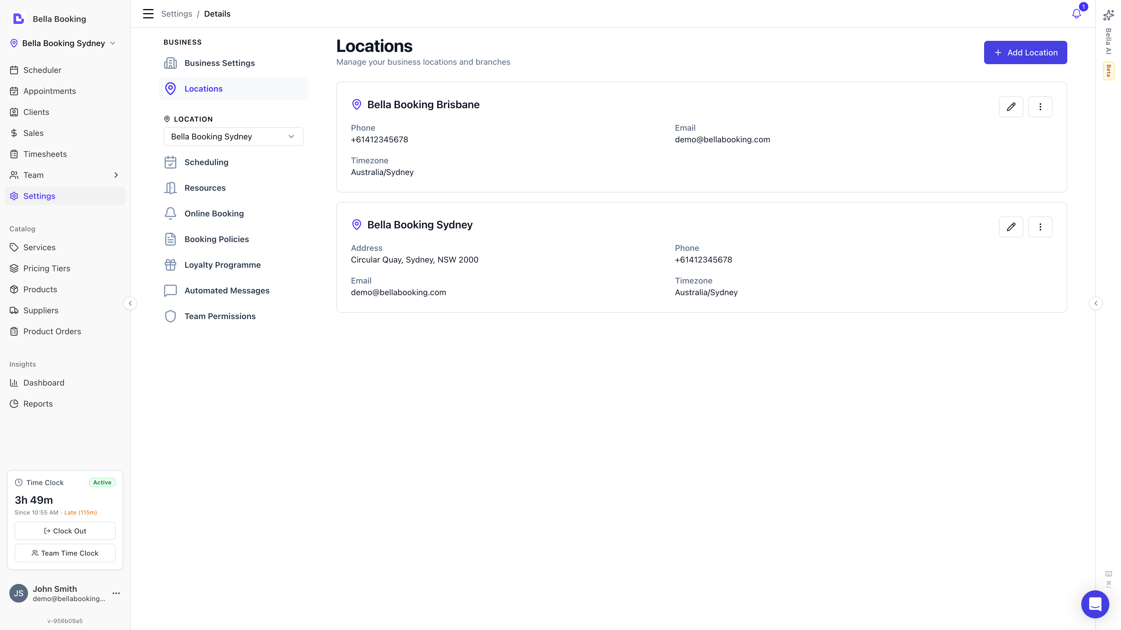 Locations page showing location cards with name, address, phone, email, and timezone for each branch