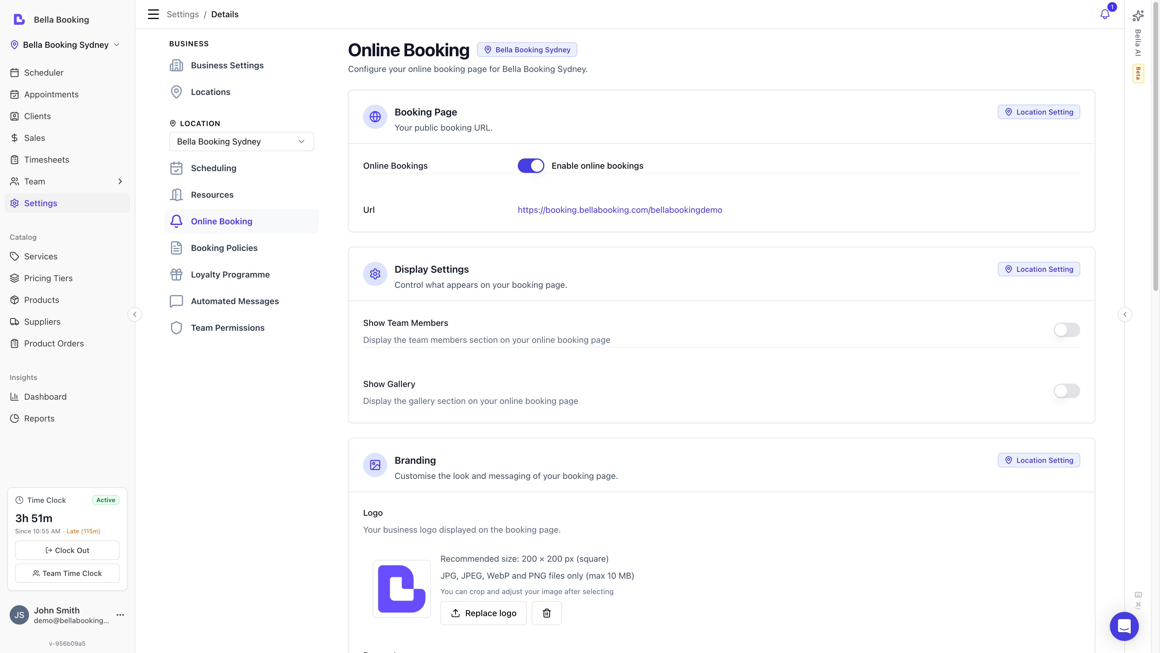 Online Booking settings page showing enable toggle, booking URL, display settings, and branding upload areas