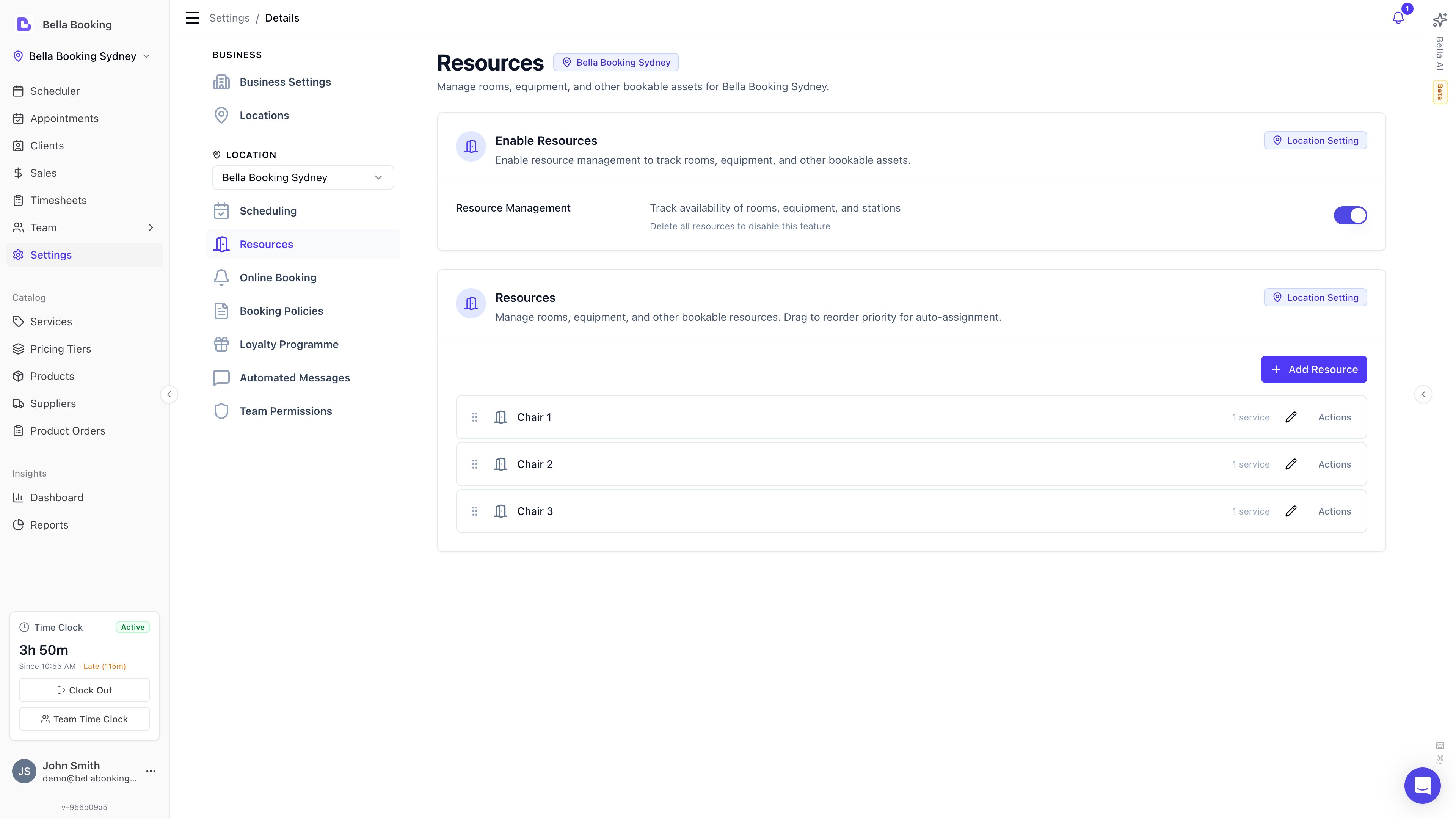 Resources settings page showing the enable toggle and list of resources with drag-to-reorder handles