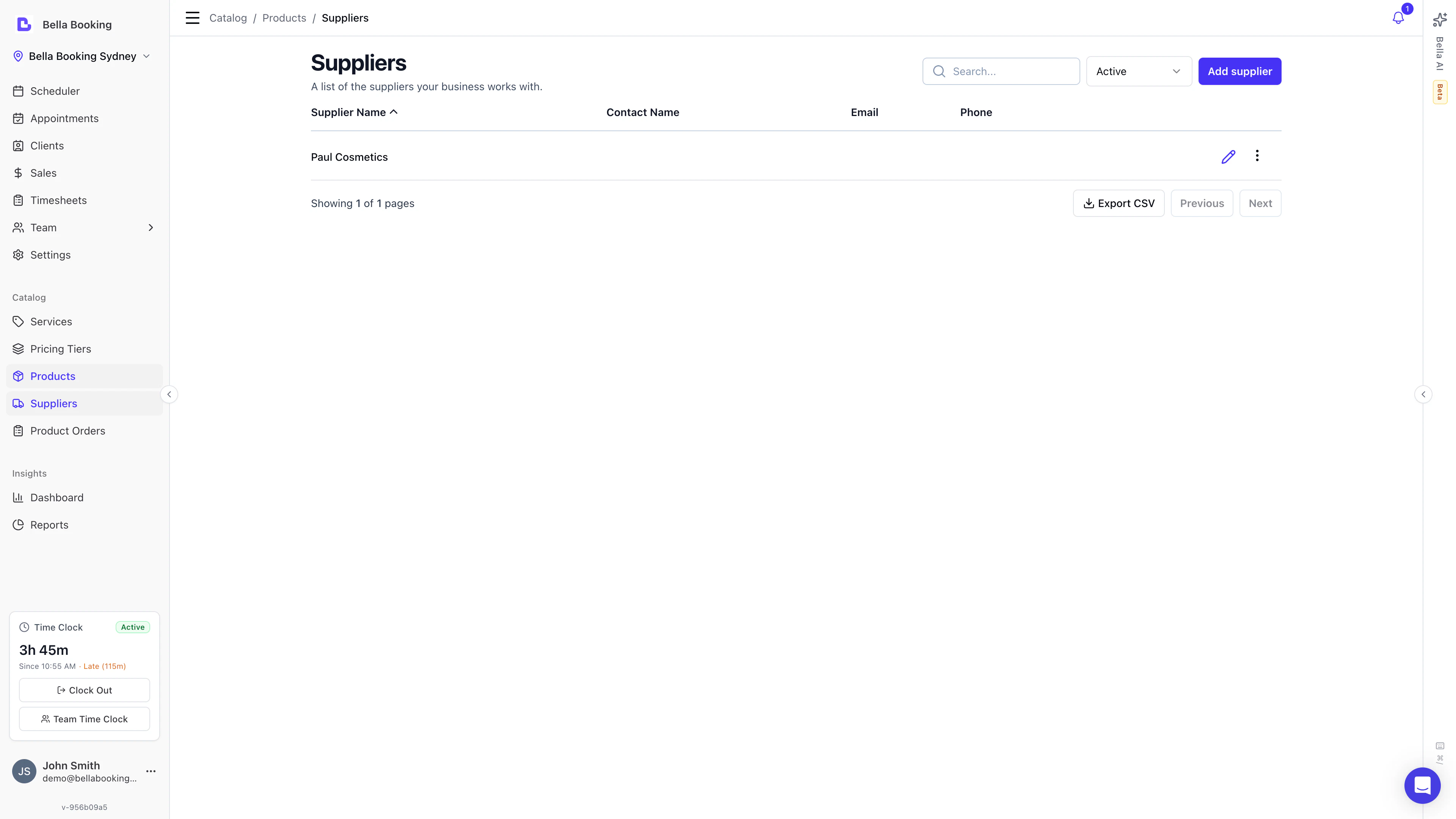 Suppliers list showing supplier name, contact person, email, and phone for each vendor