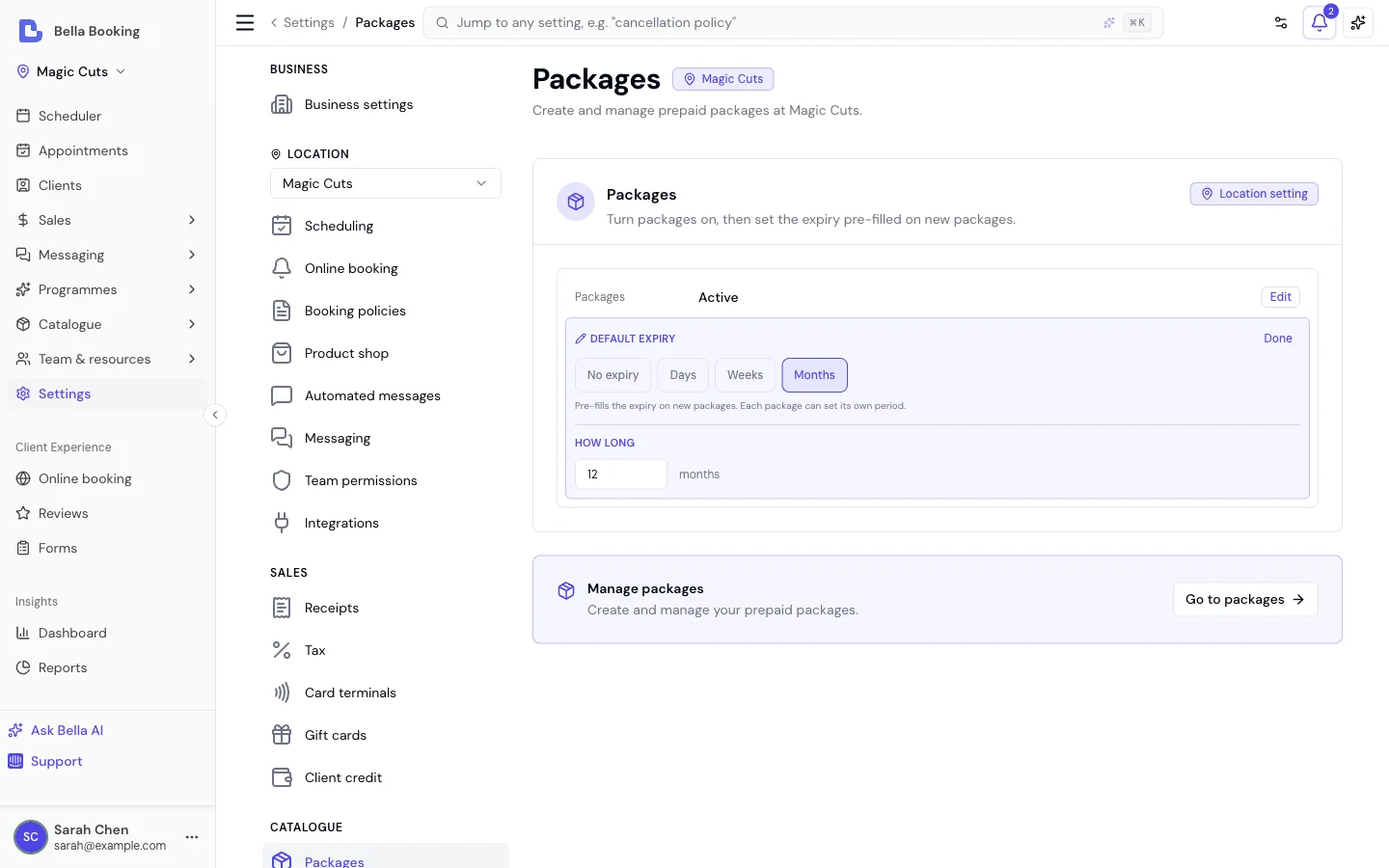 The Package settings page with the Default expiry row open, showing the No expiry, Days, Weeks and Months choices and a How long field set to 12 months