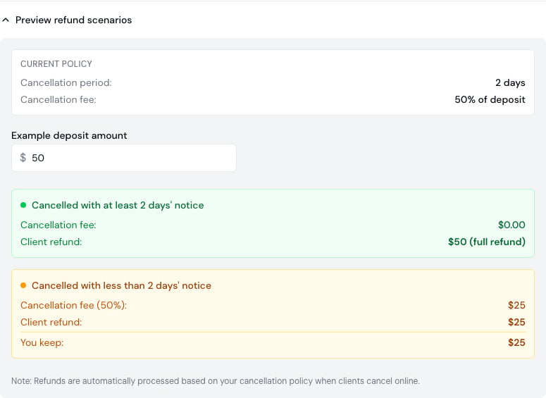 Refund scenario calculator showing full refund with sufficient notice and a 50% fee with insufficient notice