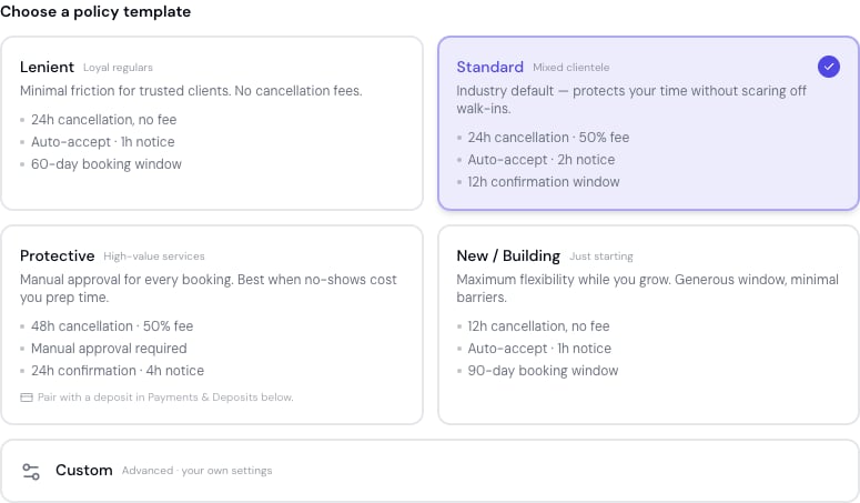 Booking policy template picker showing Lenient, Standard, Protective, and New archetype cards with a Custom option