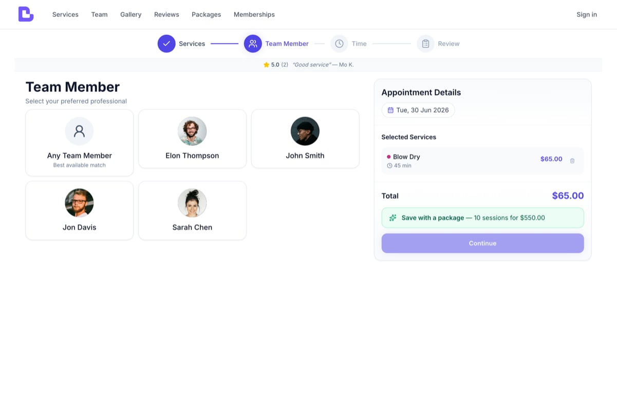 Online booking team-member step showing an 'Any team member — Best available match' option next to individual team members