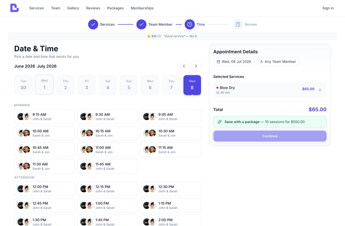 Online booking time step showing each available time with the team members free at that slot displayed beneath it