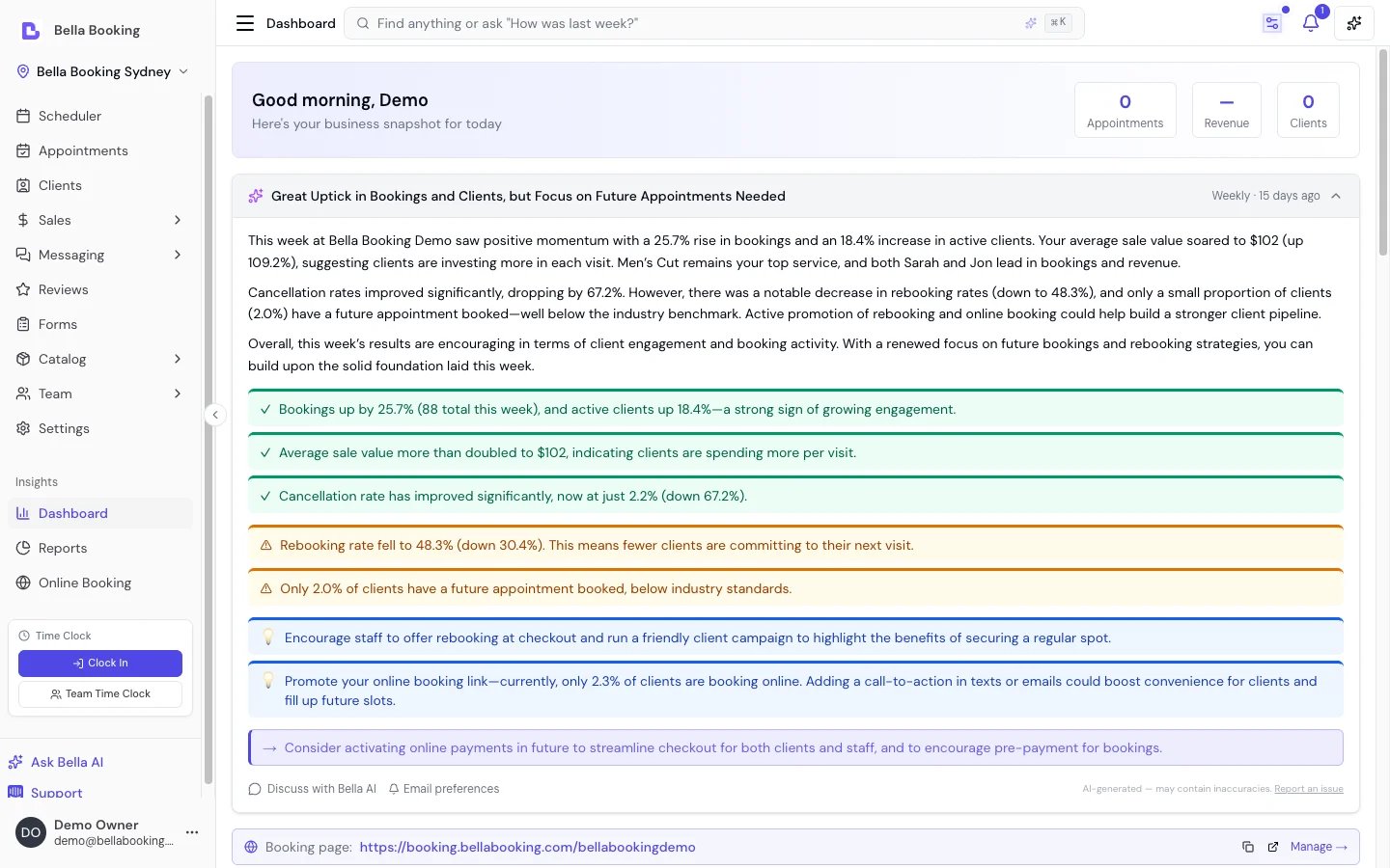 Dashboard with the weekly AI Business Digest expanded — narrative paragraphs at the top, then green-tick insights covering bookings, sale value, cancellation and rebooking metrics, then blue-arrow recommendations for the next week
