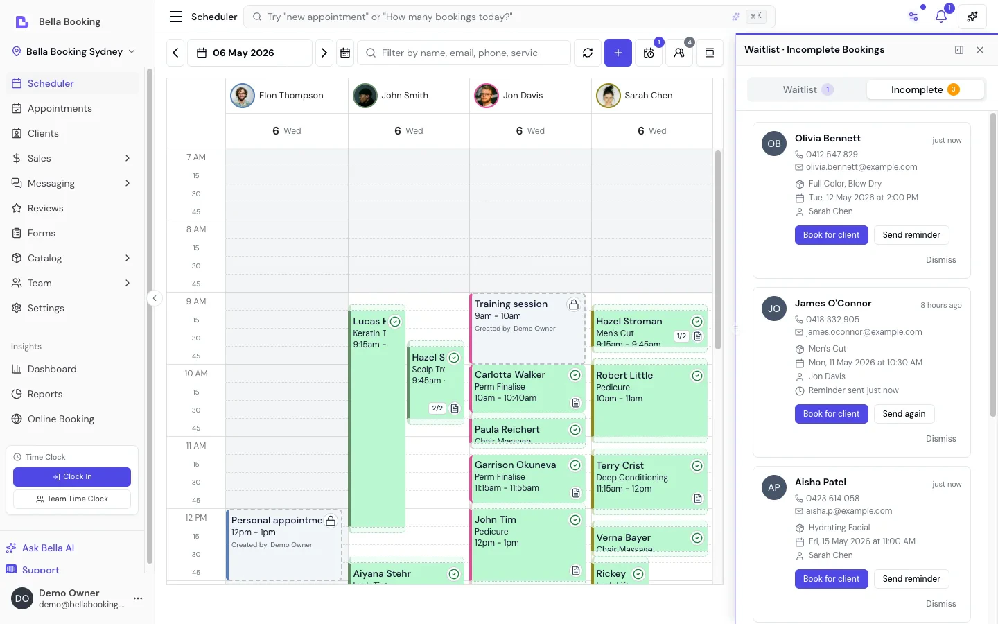 Waitlist · Incomplete Bookings side panel showing the Incomplete tab with five draft bookings — name, phone, email, selected services, requested team member and time, and per-card actions to book on the client's behalf, send a reminder, or dismiss