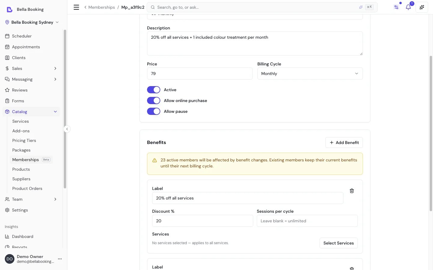 Benefits configuration showing a single benefit with label, discount percentage, sessions per cycle limit, and service scope selector — plus an alert that 23 active members will be affected by changes