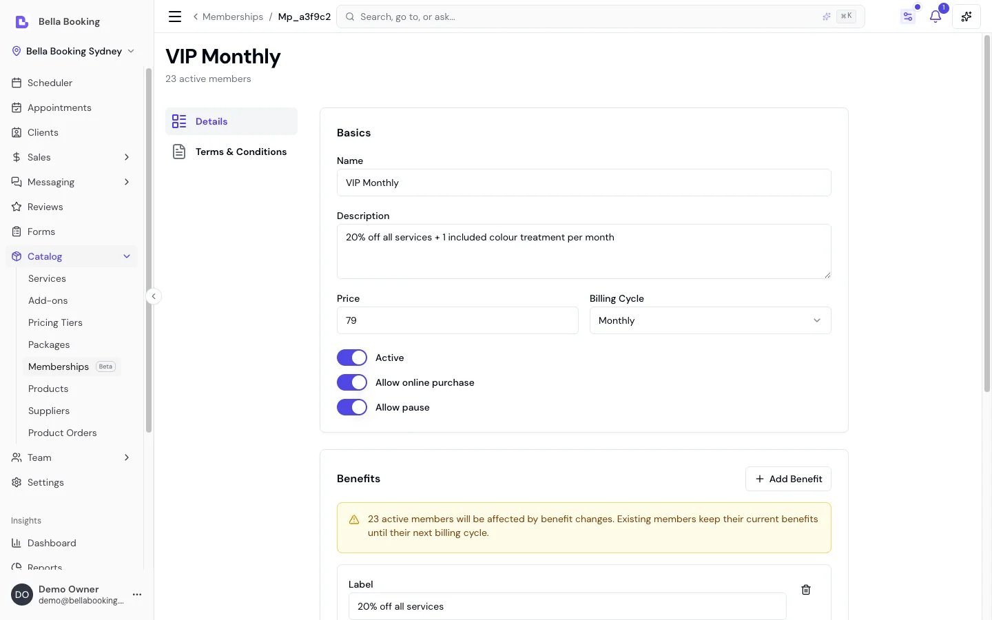 Membership plan editor for VIP Monthly showing the Basics card with name, description, price, billing cycle, and toggles for Active, Allow online purchase, and Allow pause