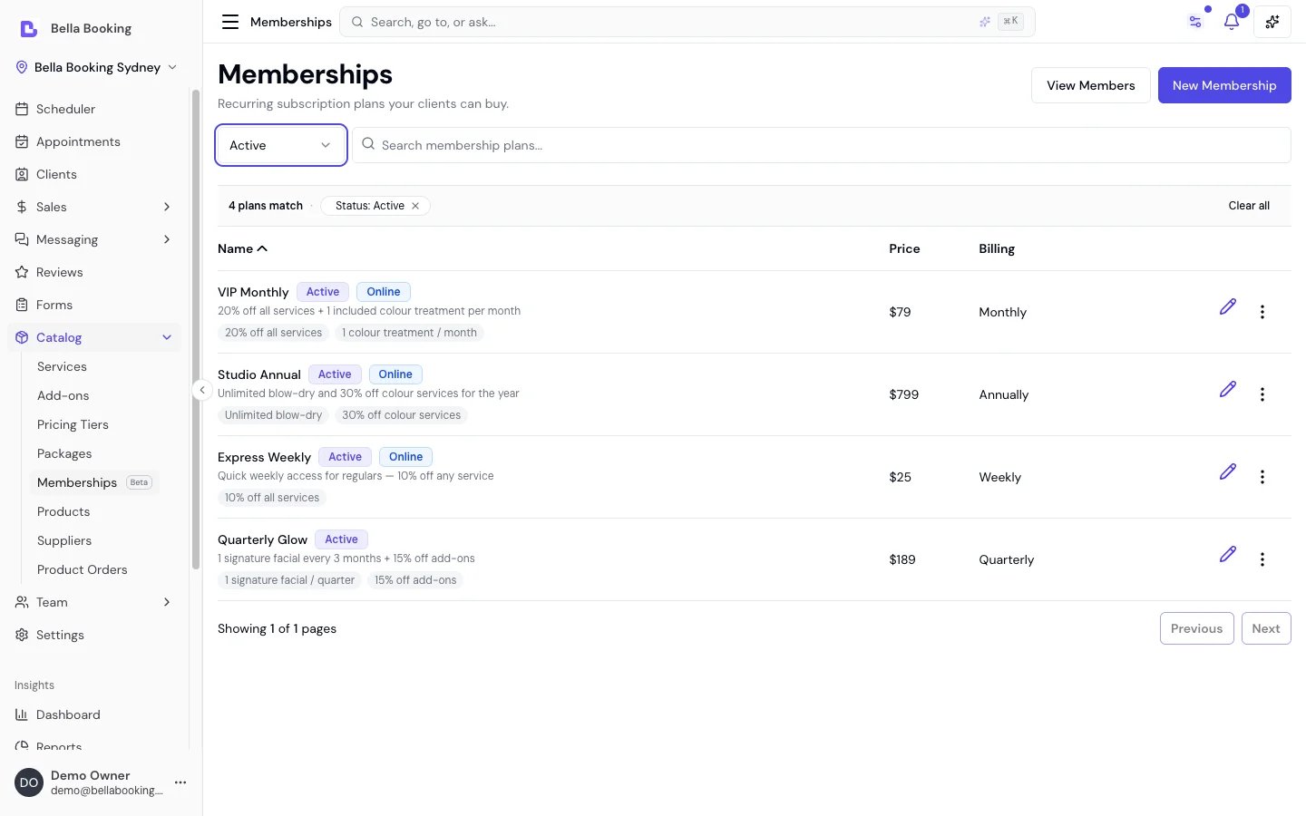 Memberships catalogue showing four active plans with varied billing cycles (Weekly, Monthly, Quarterly, Annual) and benefit chips for discounts and included sessions