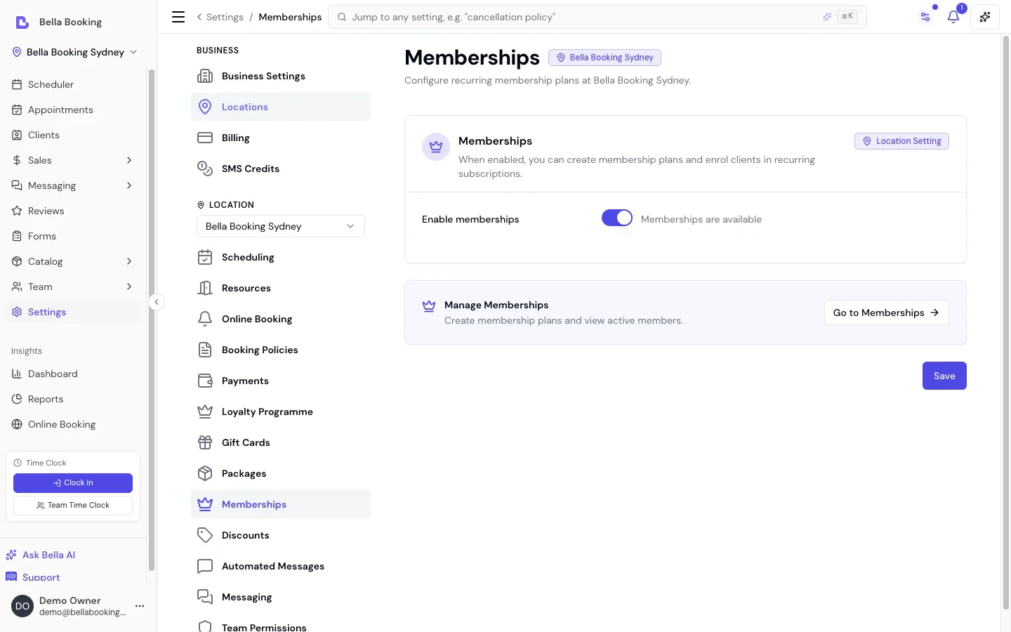 Settings — Memberships page showing the Enable memberships toggle in the on state with a 'Manage Memberships' shortcut card linking to the plans list