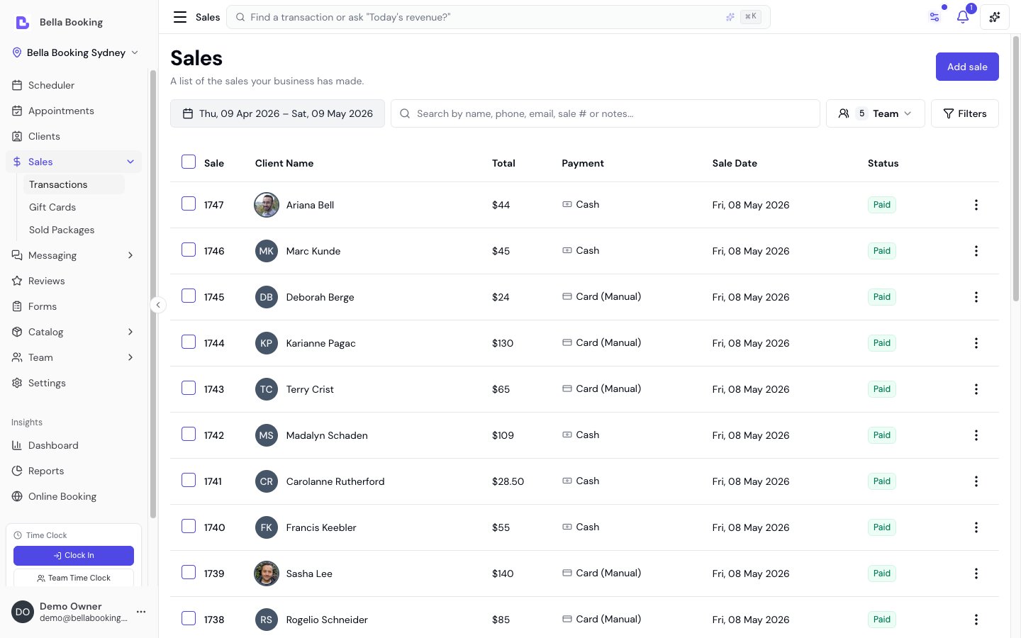 Sales history table showing sale number, client, total, and date for each transaction