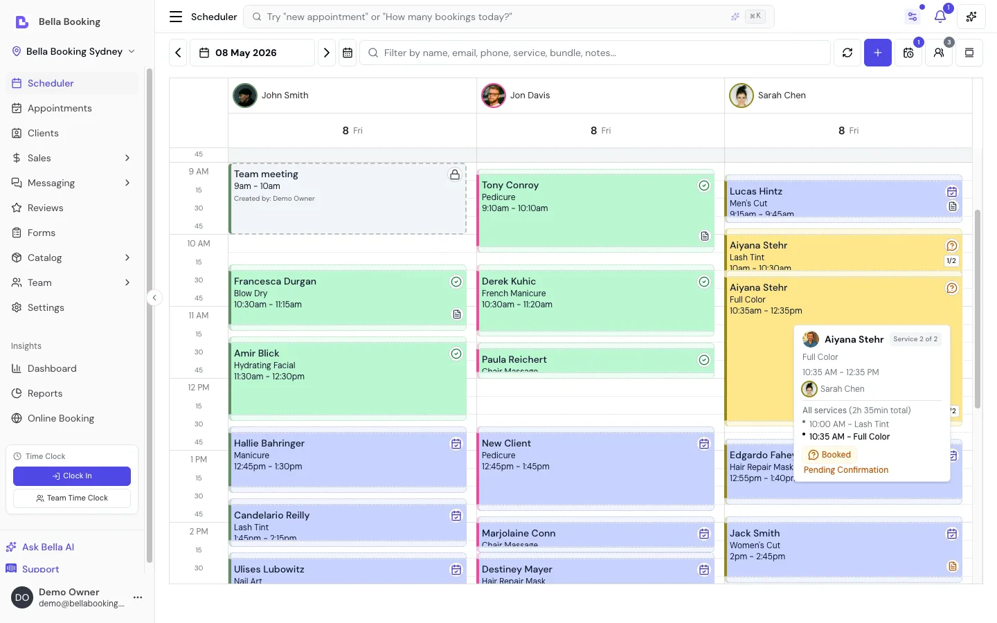Scheduler day view showing appointments across team members
