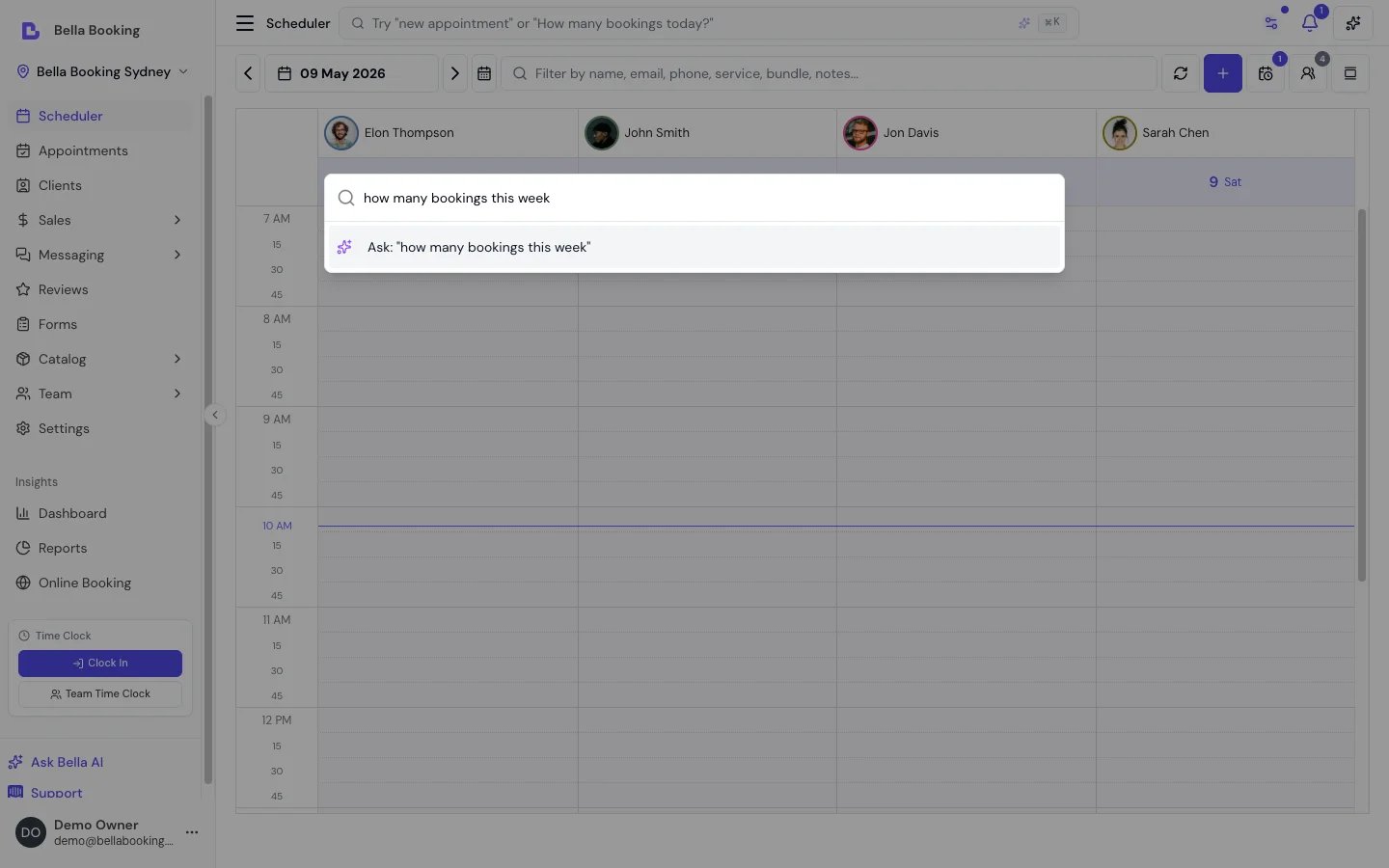 Command palette with a natural-language question typed in the search field and a single Ask Bella AI option highlighted, showing how question-shaped queries route to the AI assistant