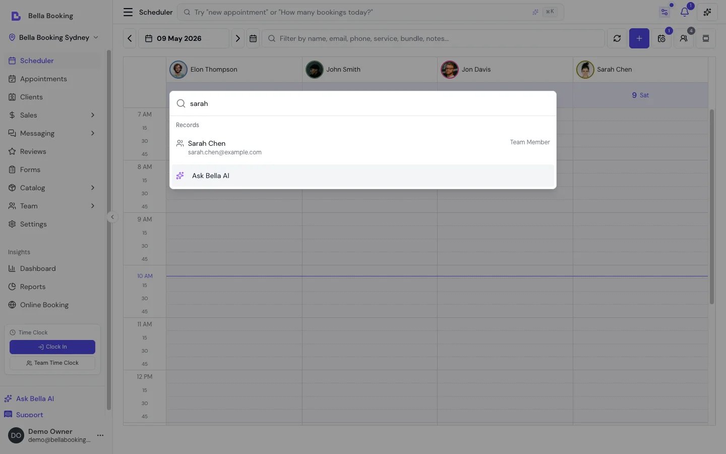 Command palette showing records search — typing a name surfaces matching team members and clients with their type label, plus an Ask Bella AI option as a fallback