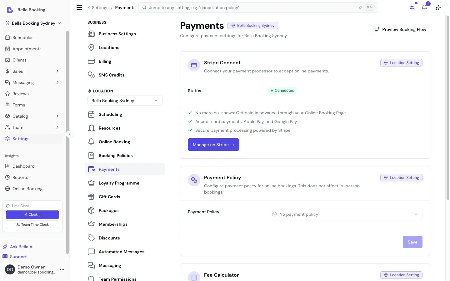 Payments settings with Stripe Connect status, payment policy selector, and fee calculator