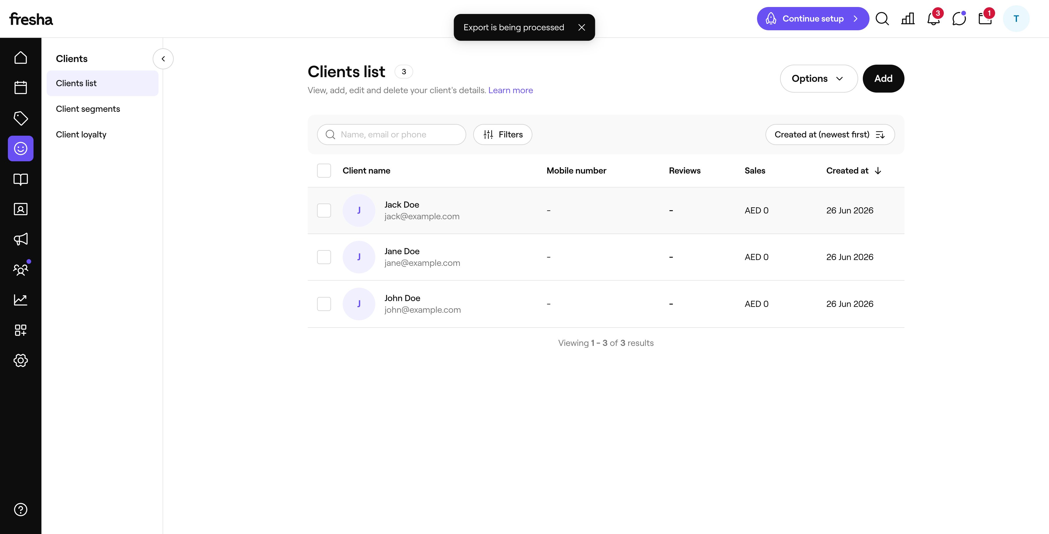 Fresha confirmation banner reading Export is being processed