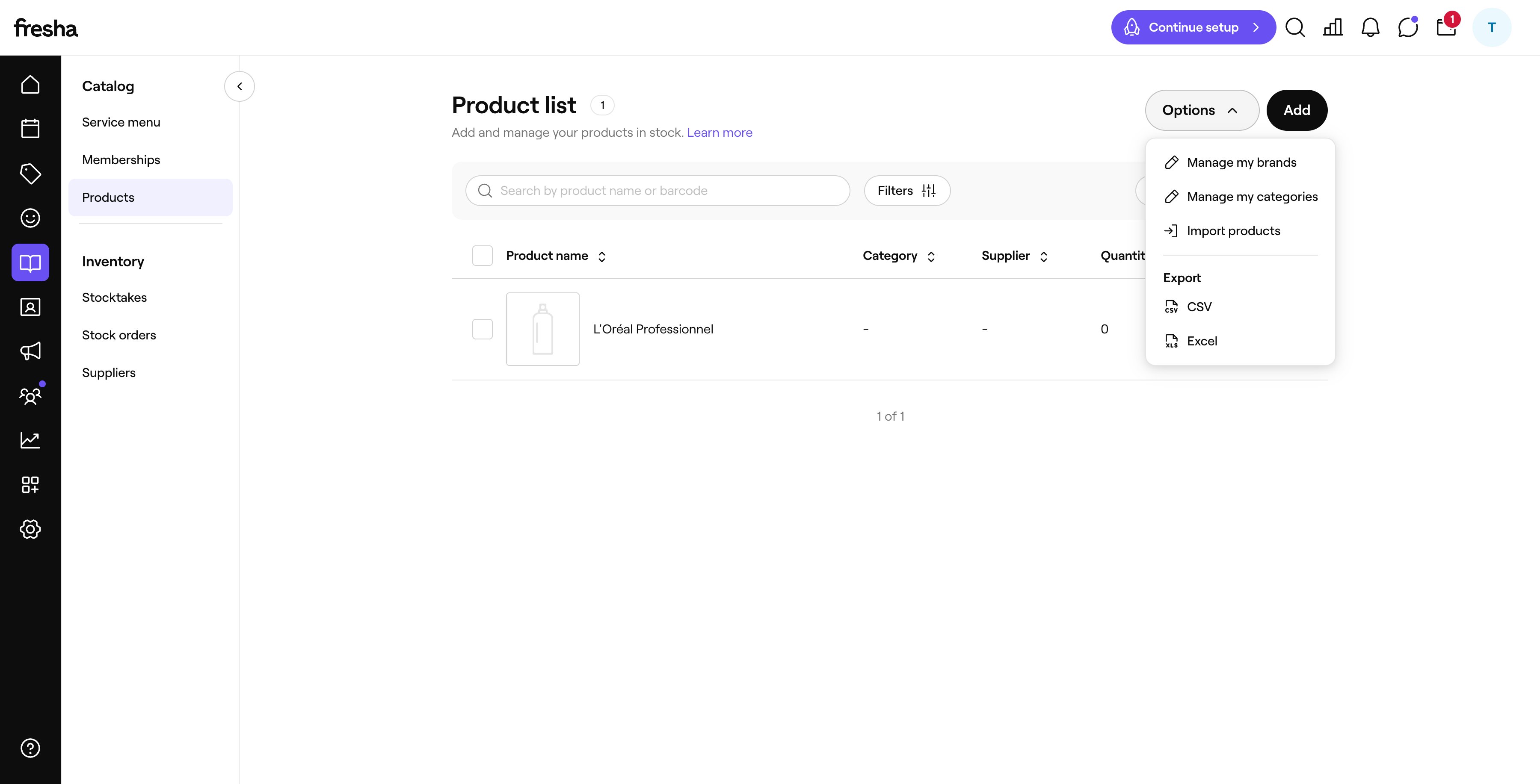 Fresha Product list with the Options menu open, showing the Export section with CSV and Excel choices