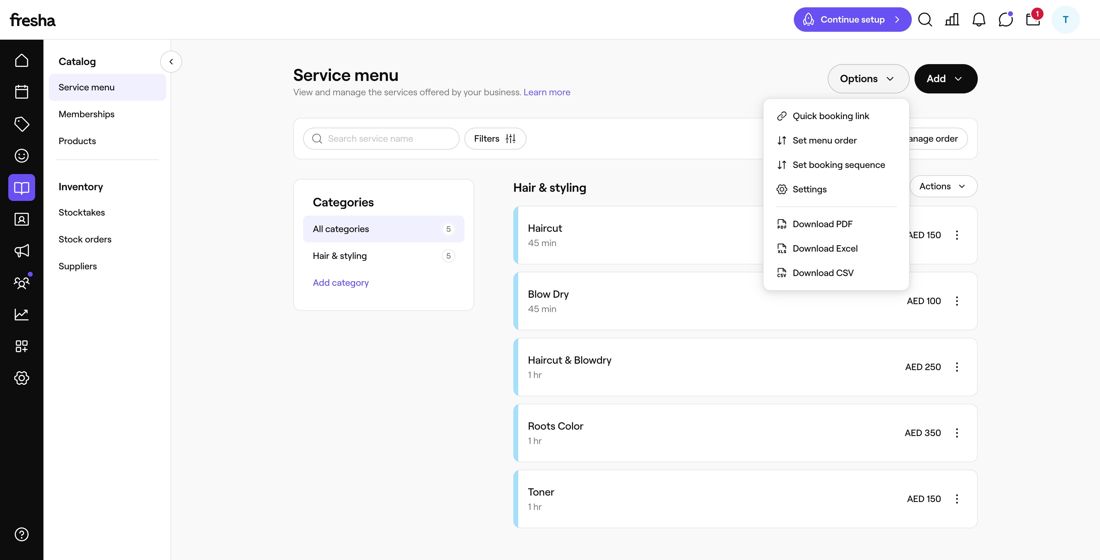 Fresha Service menu with the Options menu open, showing Download PDF, Download Excel, and Download CSV