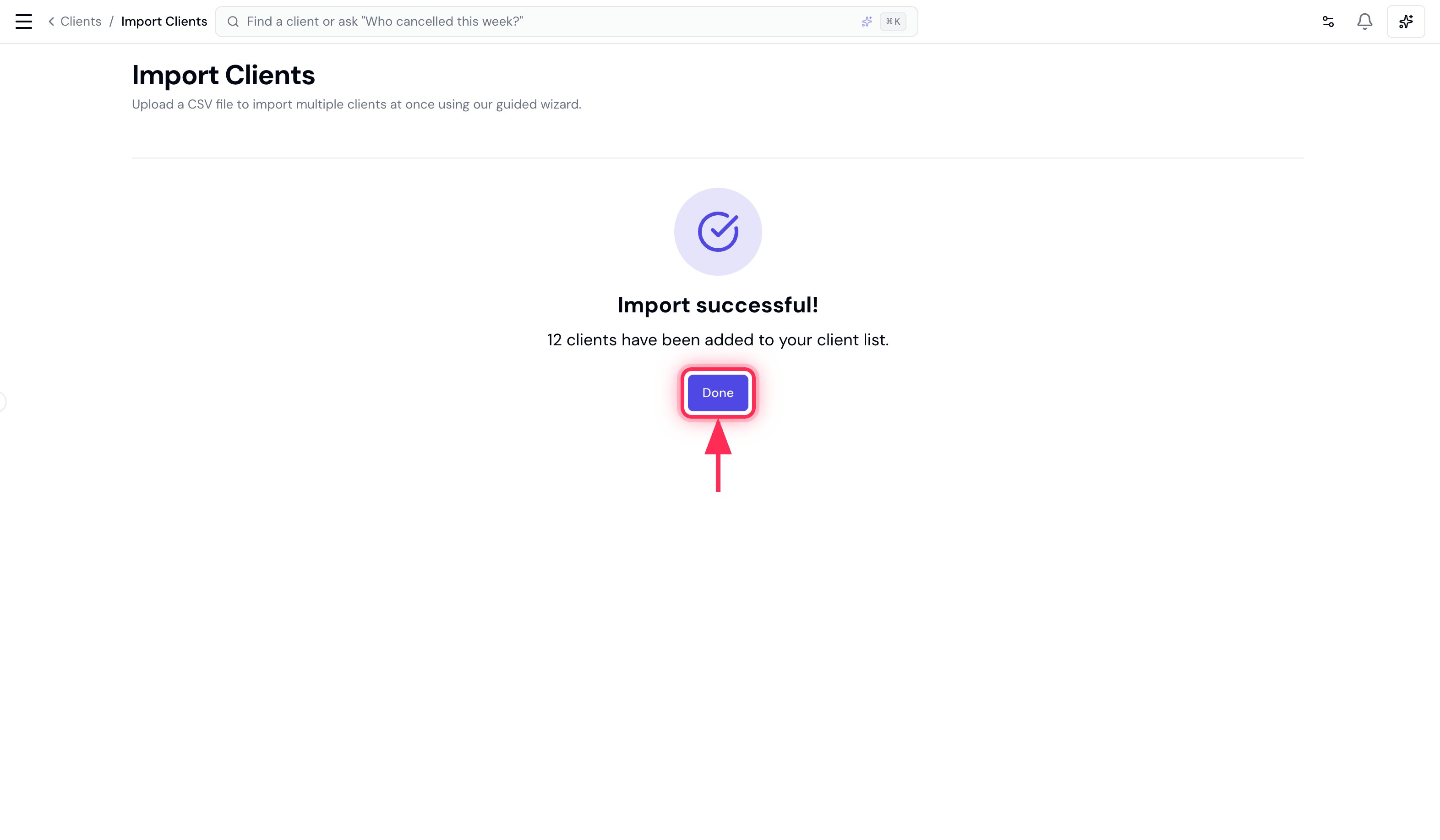 The Import successful screen confirming the clients were added