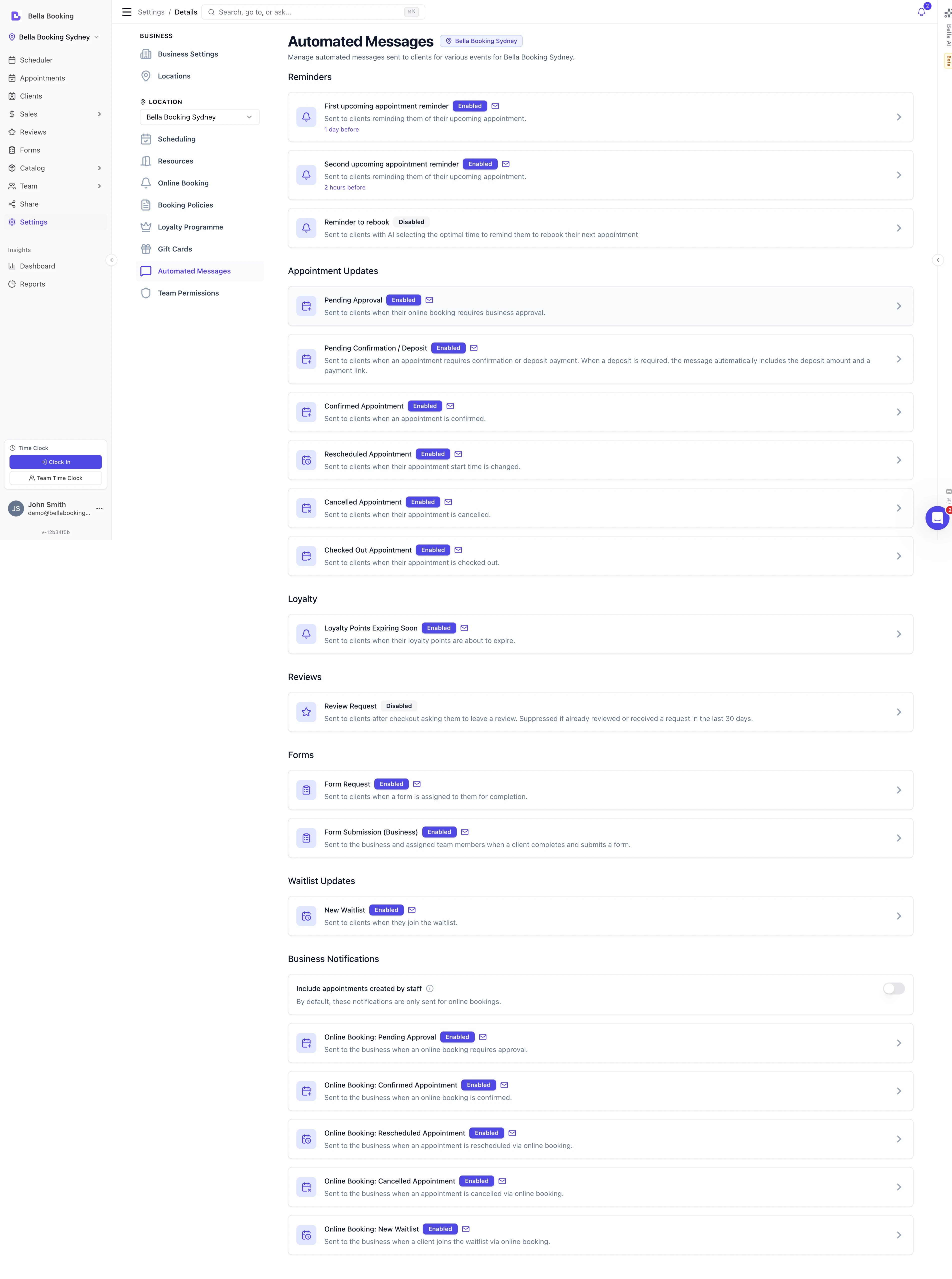 Automated messages page showing all message type cards with enable/disable status