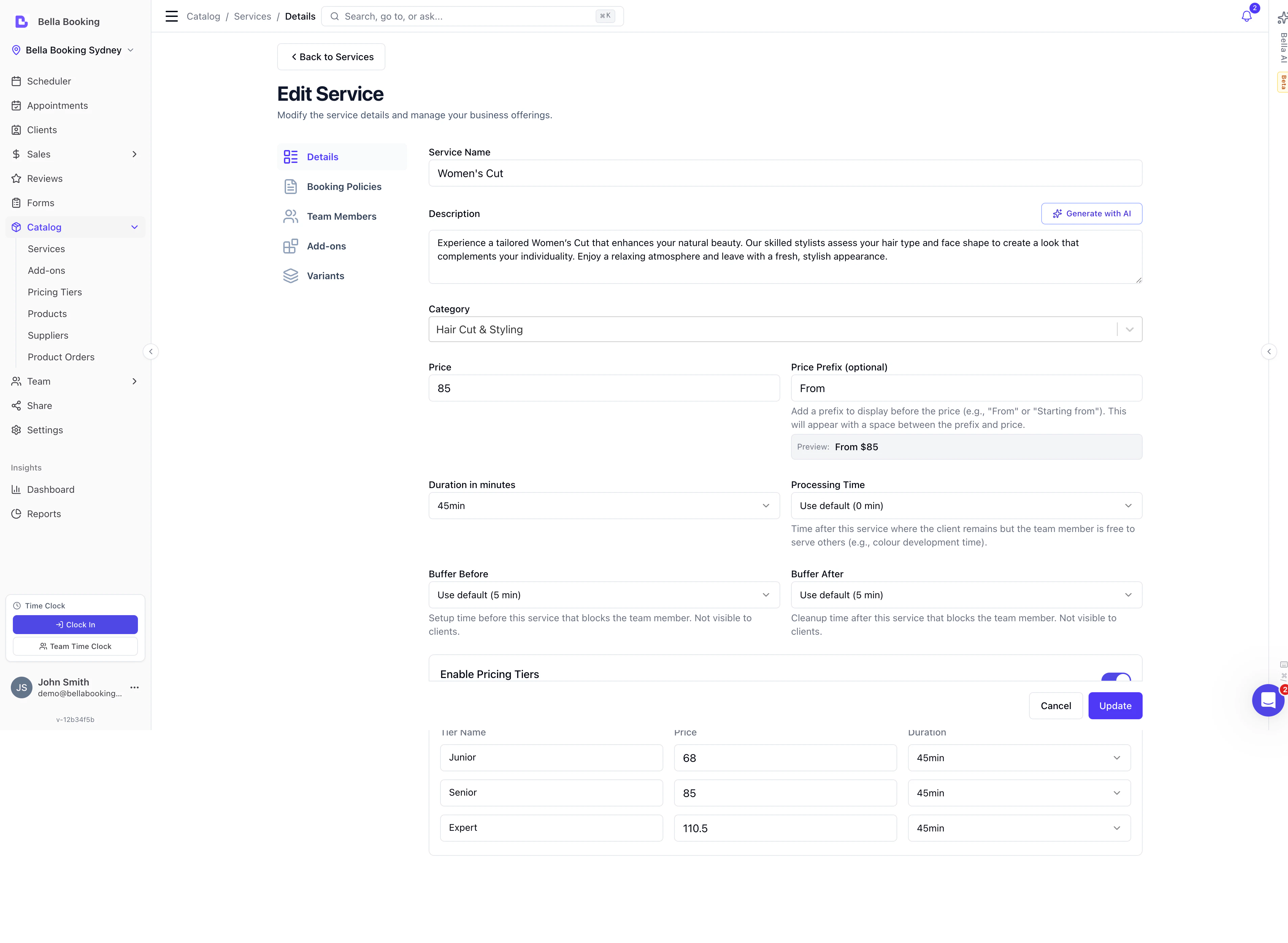 Service edit form showing name, category, duration, price, team members, and policy override fields