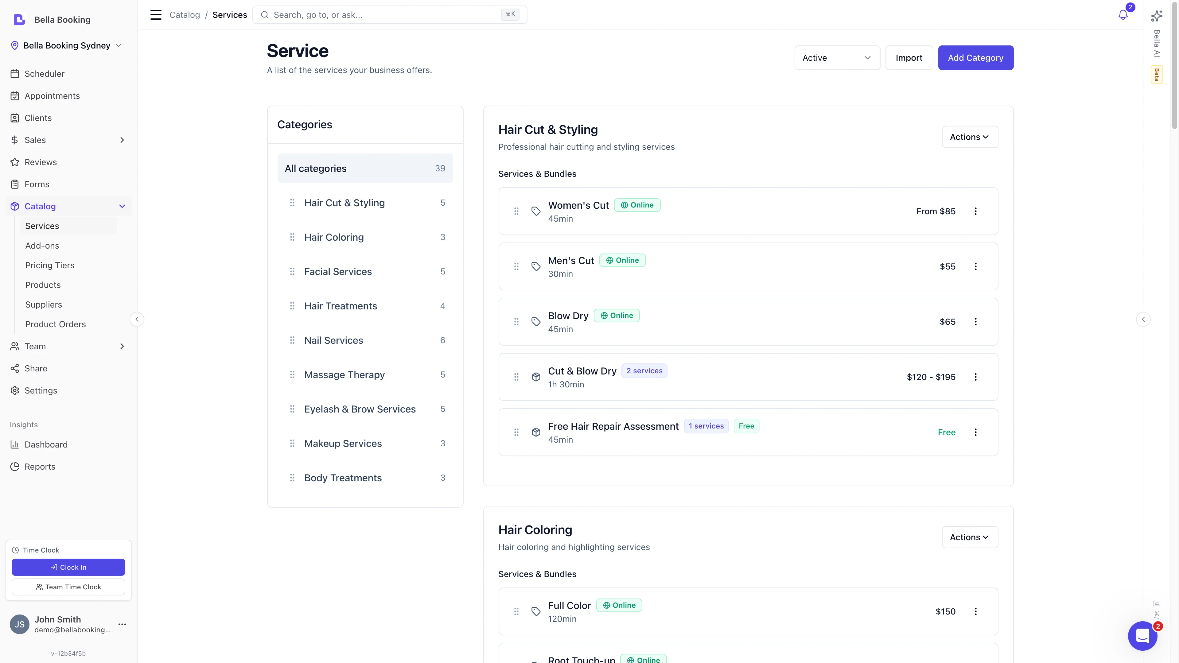 Service catalog showing services and bundles organised by category with prices and durations