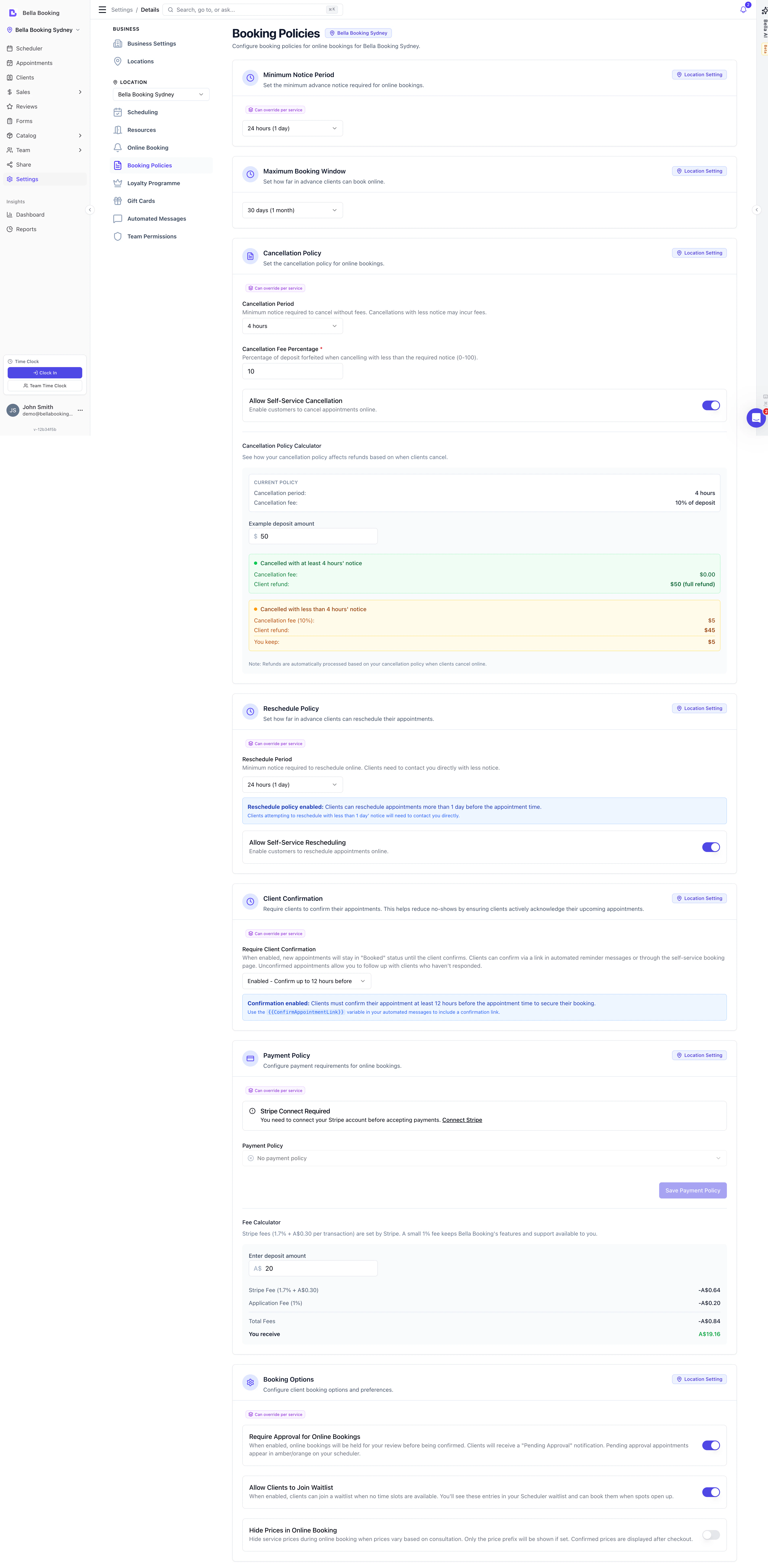 Booking policies page showing minimum notice, cancellation, reschedule, confirmation, and payment settings
