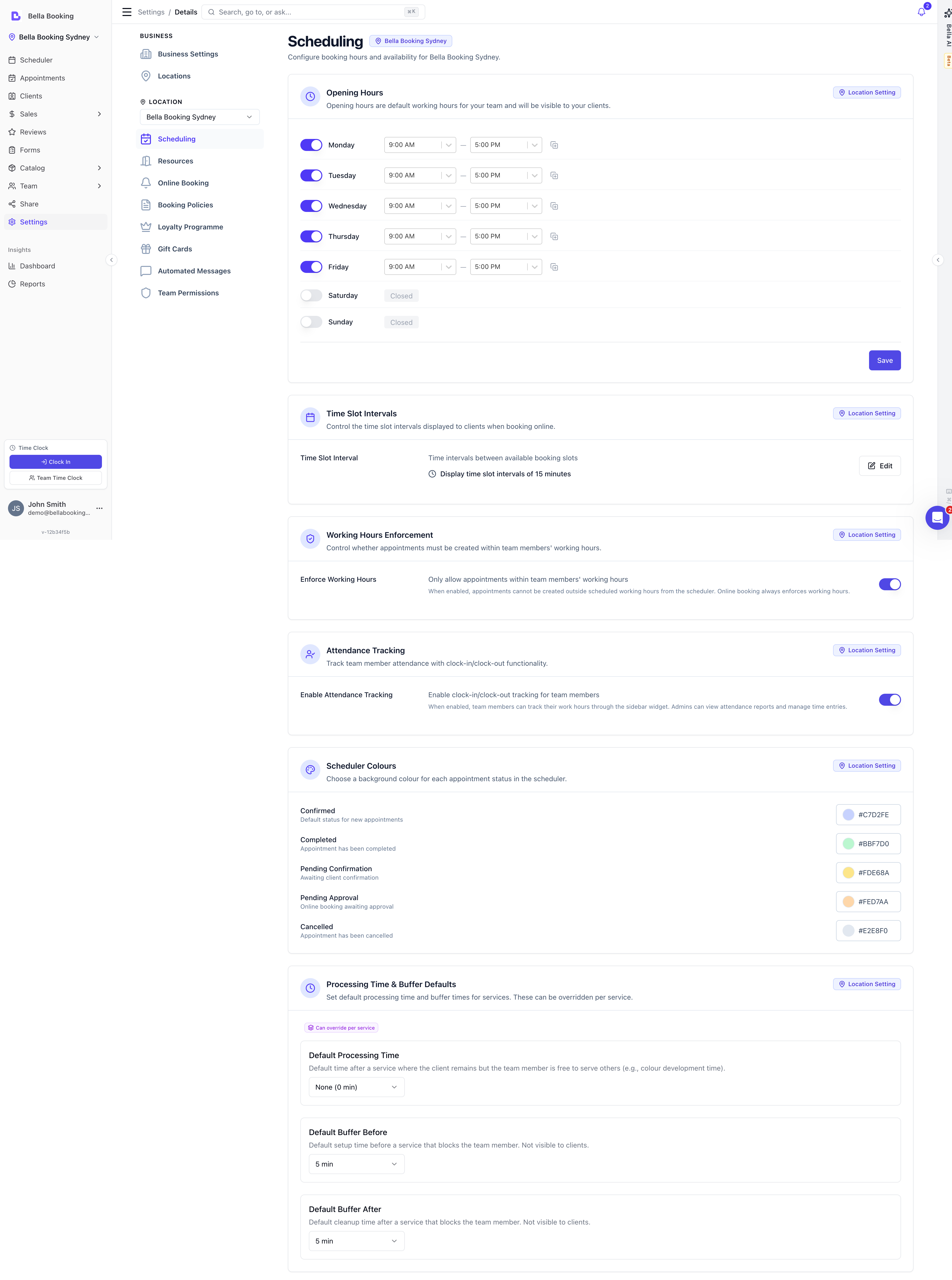 Scheduling settings page showing opening hours configuration for each day of the week