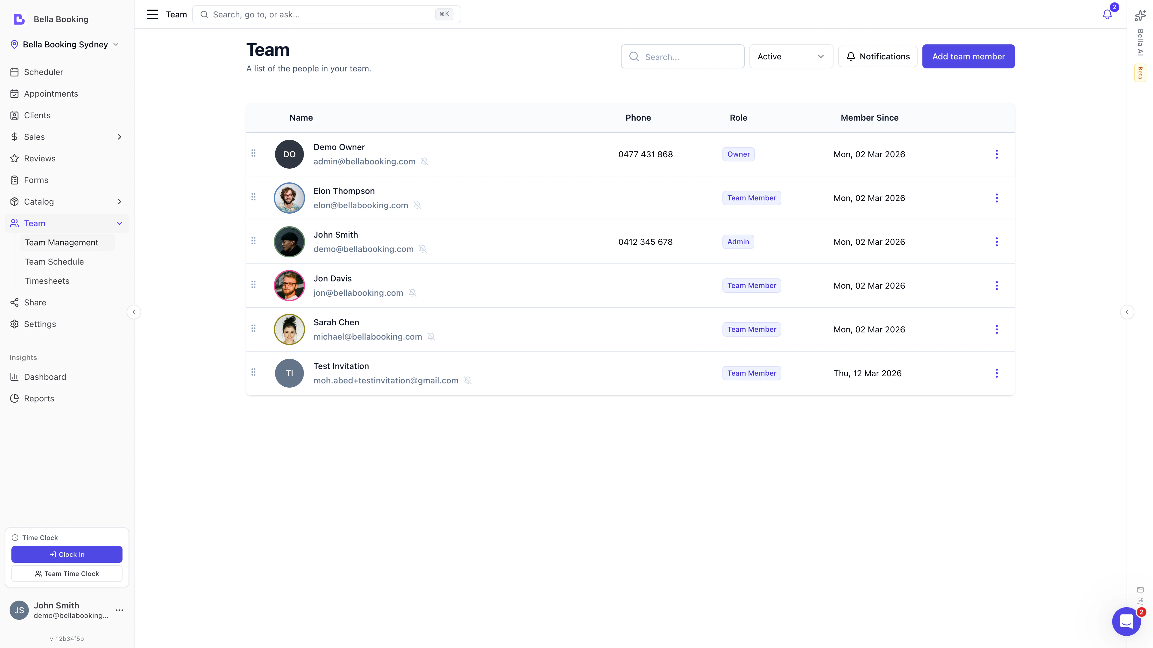 Team members list showing names, avatars with scheduler colours, contact details, and member since dates