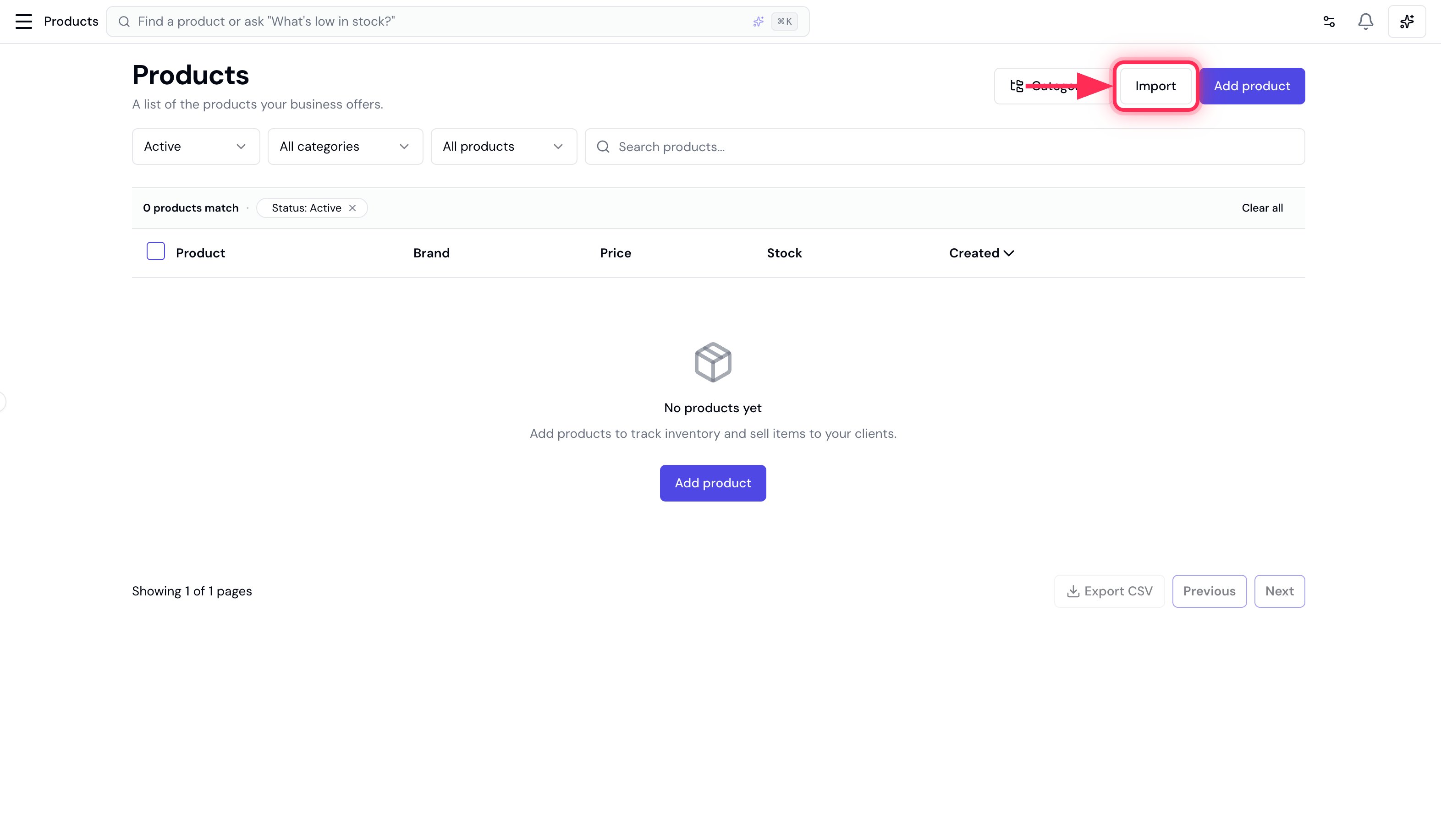 The Products page with the Import button highlighted