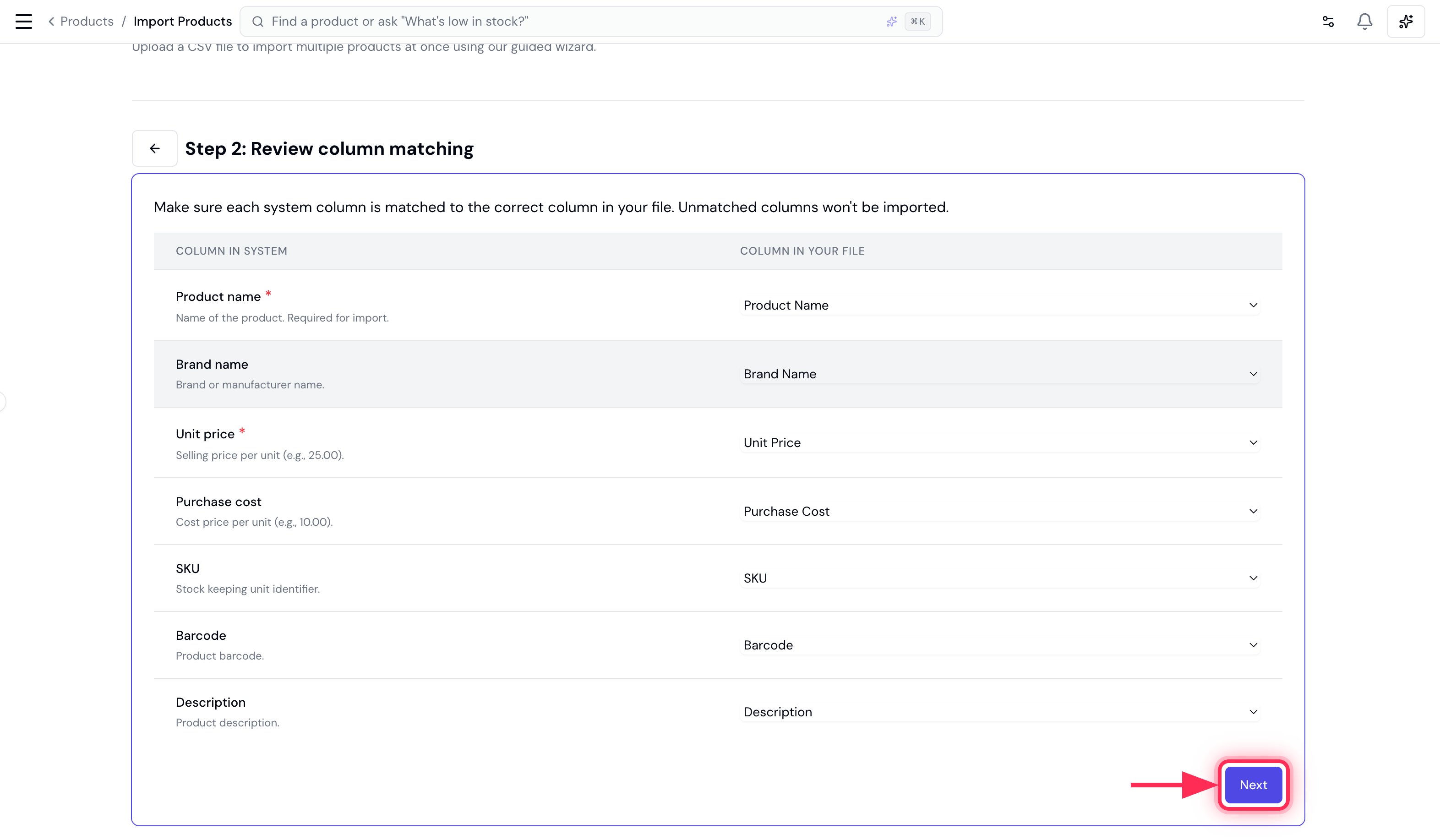 Product column matching with every field auto-matched and the Next button highlighted