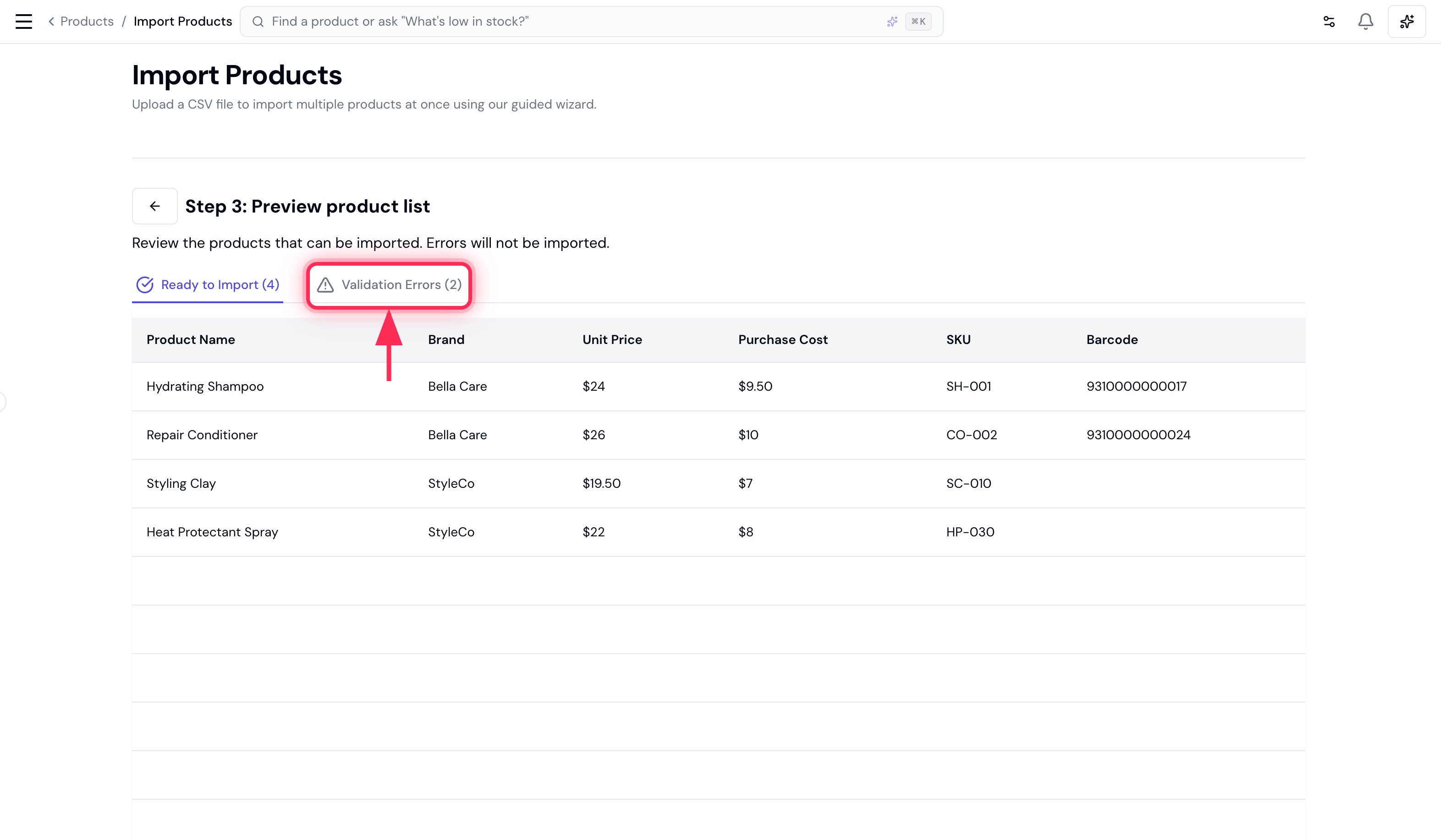 Product preview showing the Ready to Import and Validation Errors tabs