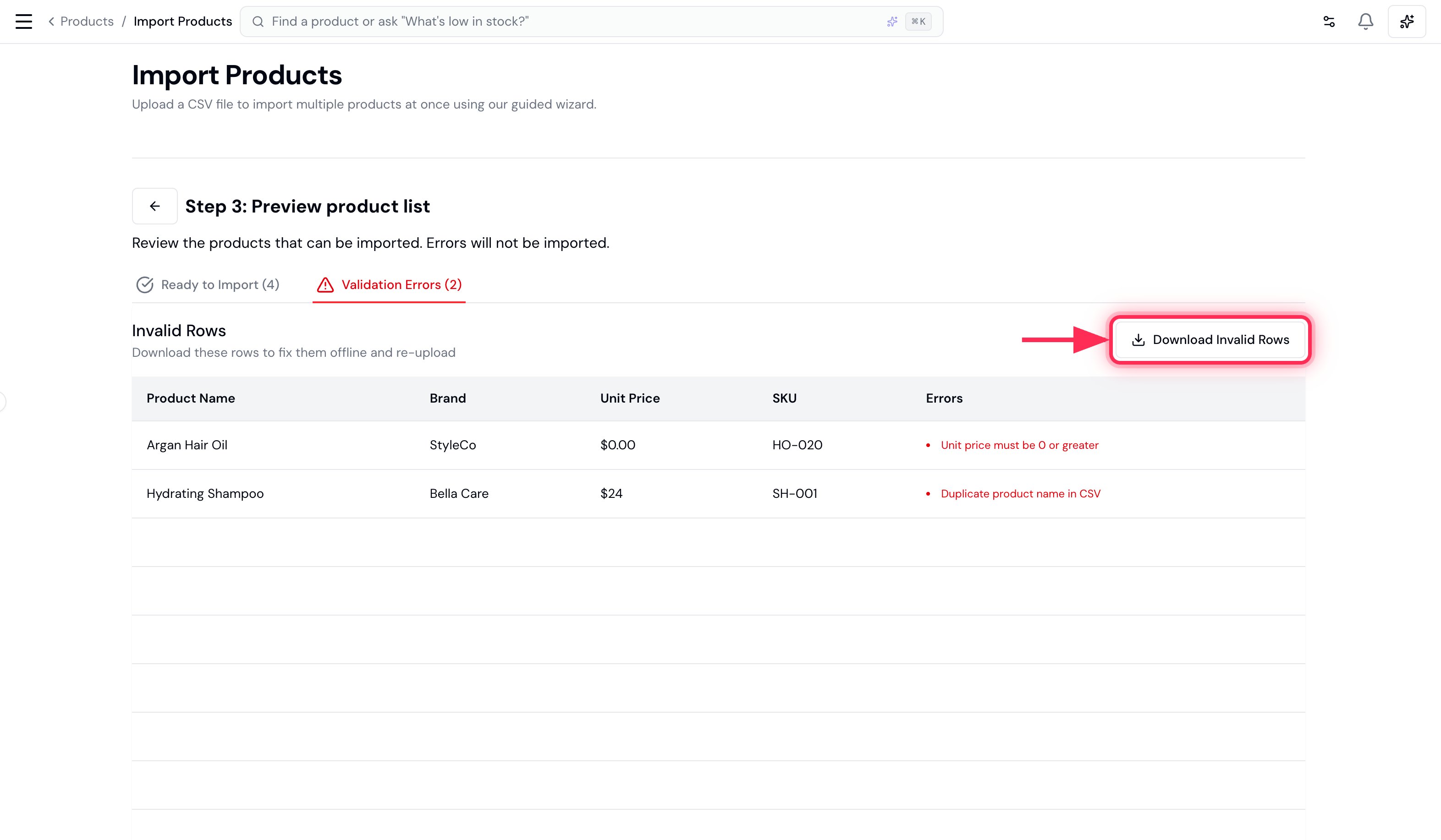The Validation Errors tab listing a row with a missing unit price and a duplicate product name, with Download Invalid Rows highlighted