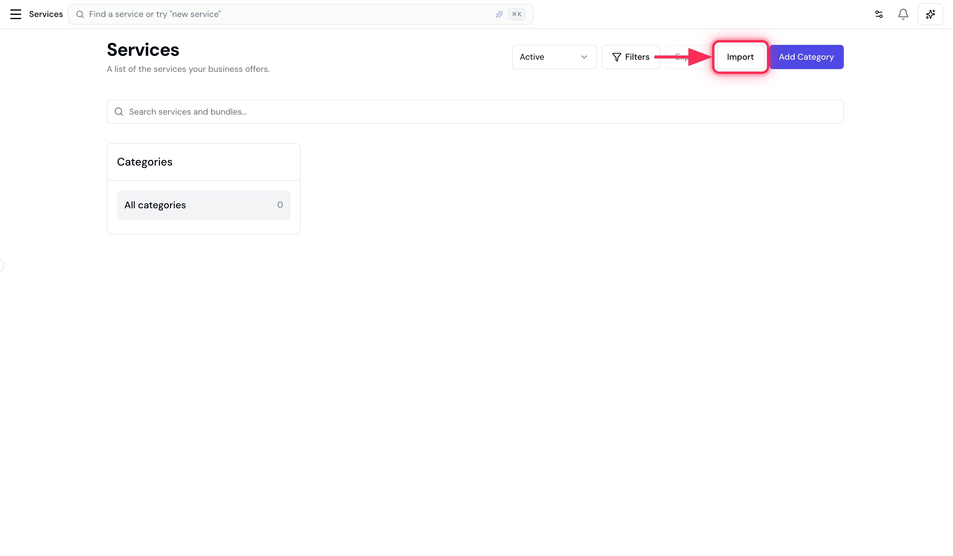 The Services page with the Import button highlighted