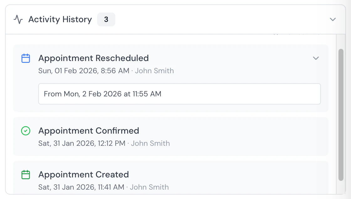 Appointment activity history showing a chronological log of status changes and notifications