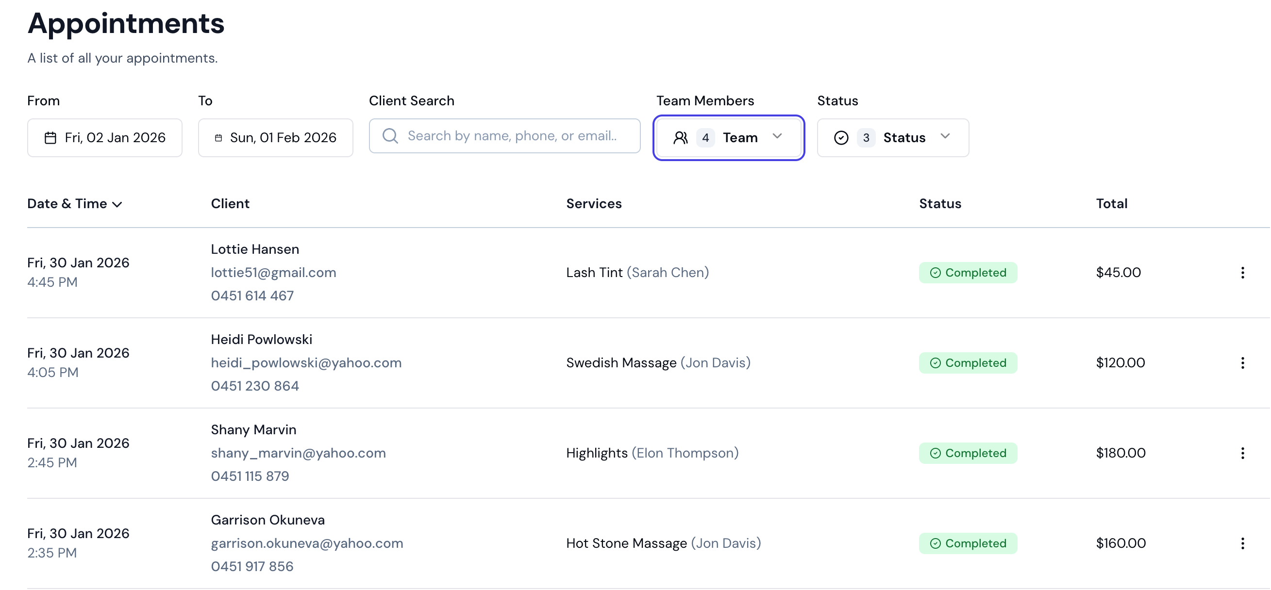 Appointments page showing search bar, filters, and appointment list