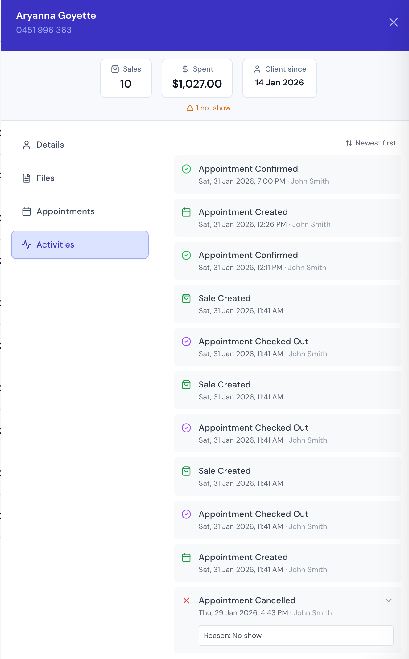 Client Activities tab showing a chronological history of appointment and notification events