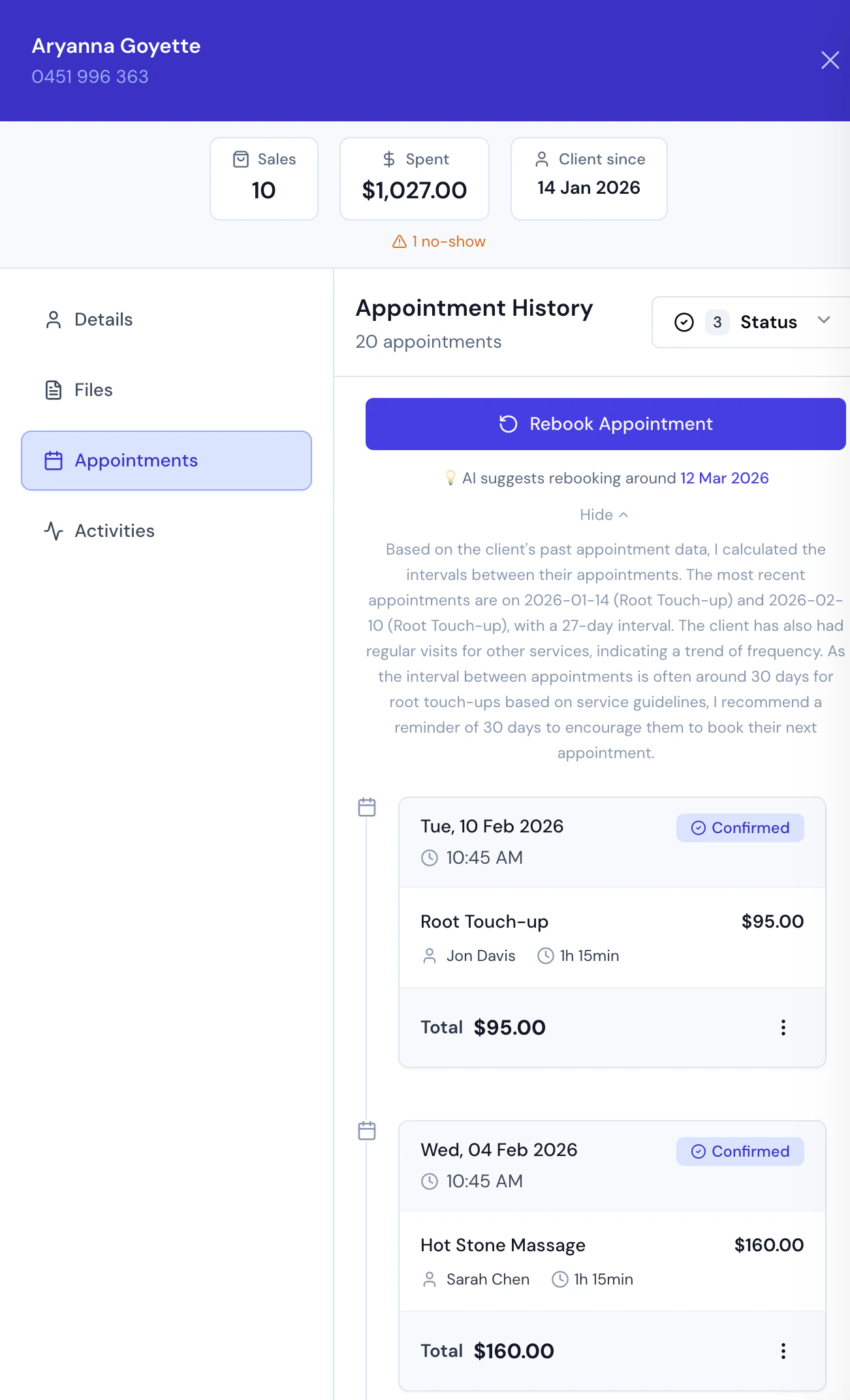 Client history panel with AI-powered rebook suggestion based on previous appointments