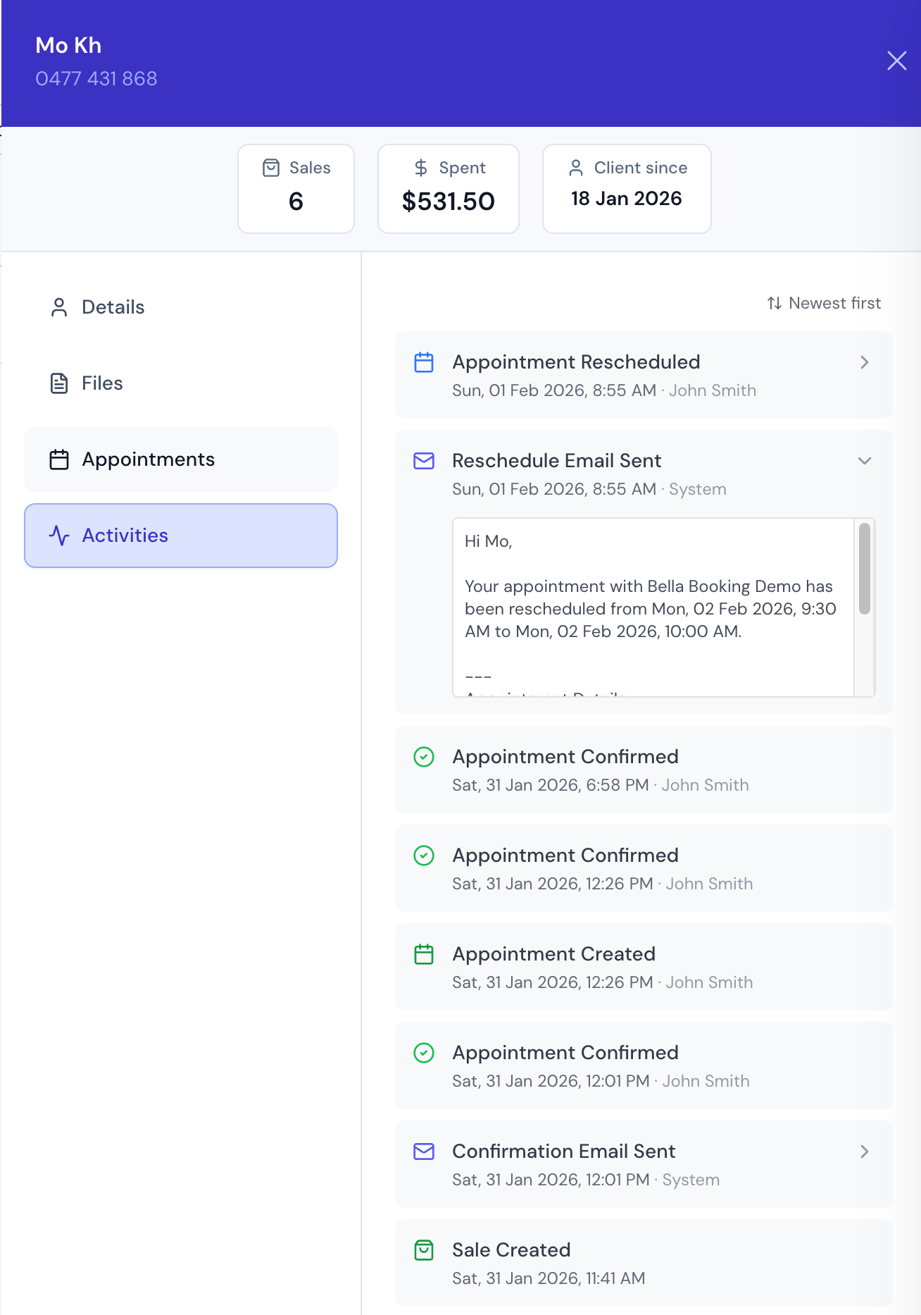 Client history details showing appointment breakdown with services and team members