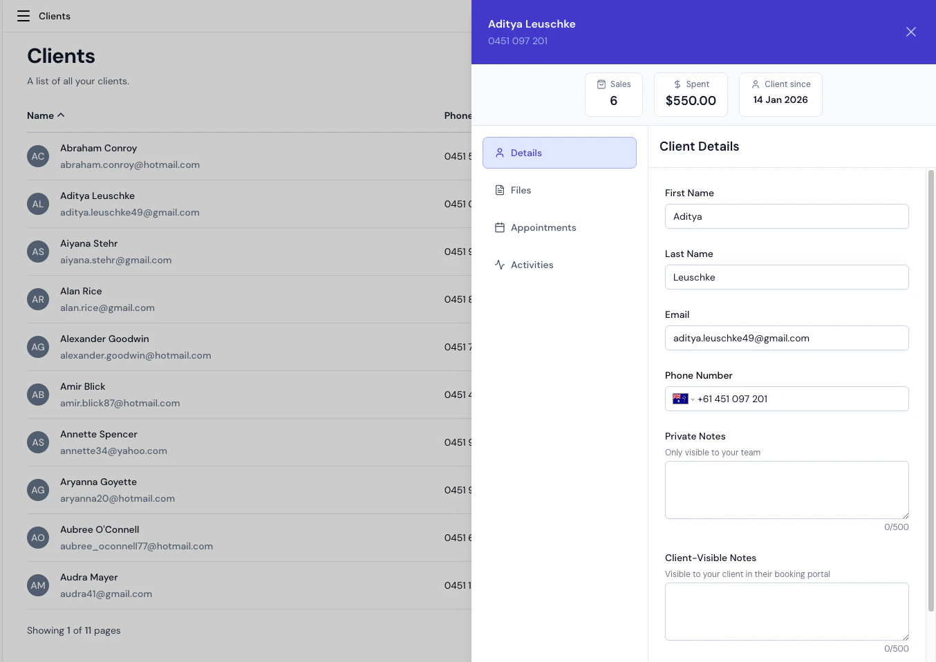 Client side panel showing the Details tab with contact information and notification preferences