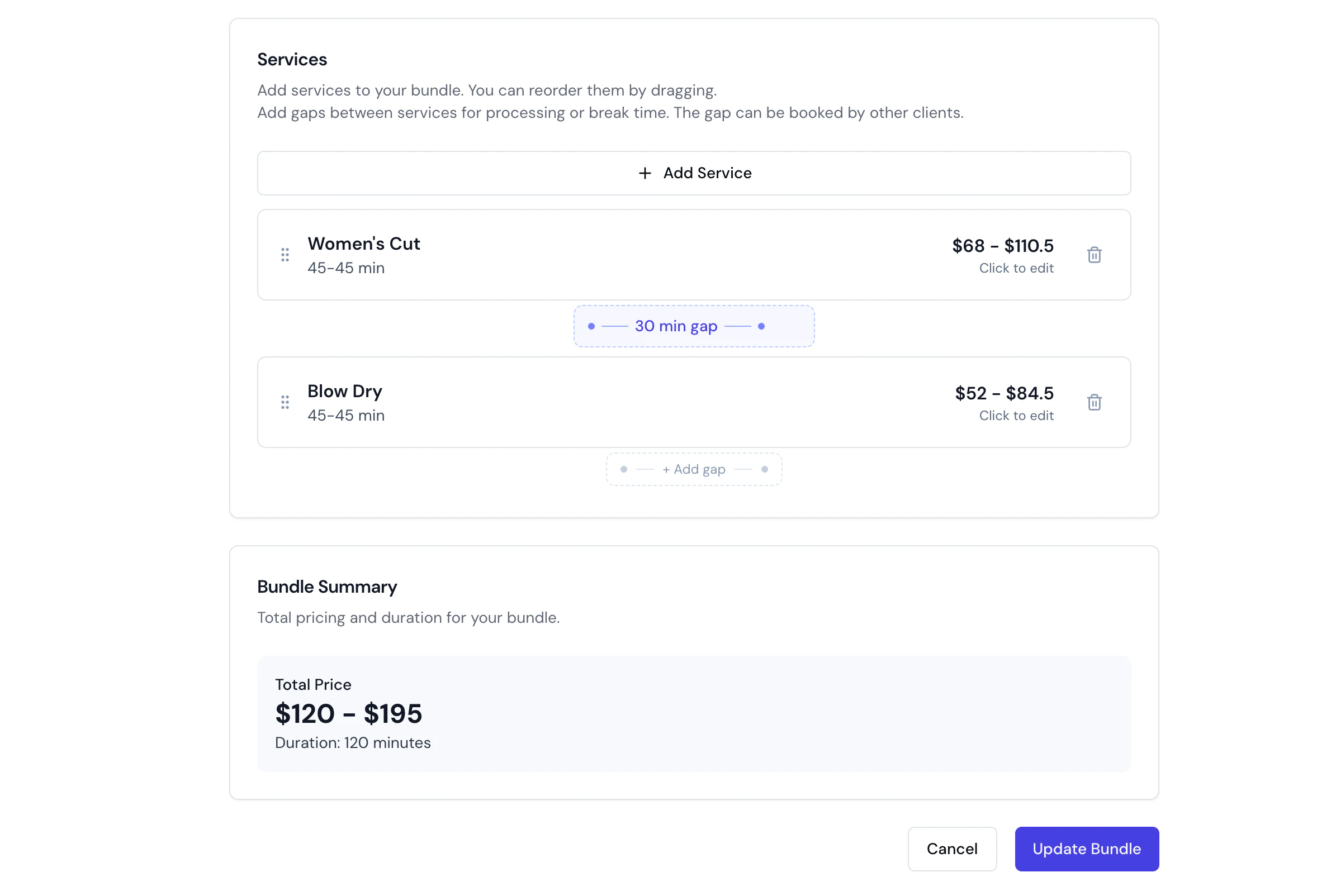 Bundle edit form showing services with gaps, custom pricing, and bundle duration summary