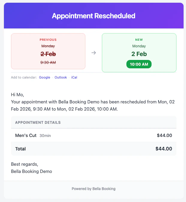 Example email notification showing a formatted appointment confirmation with date, time, and service details