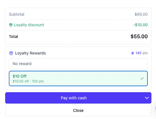 Checkout screen showing loyalty reward selector with $10 Off applied as a loyalty discount