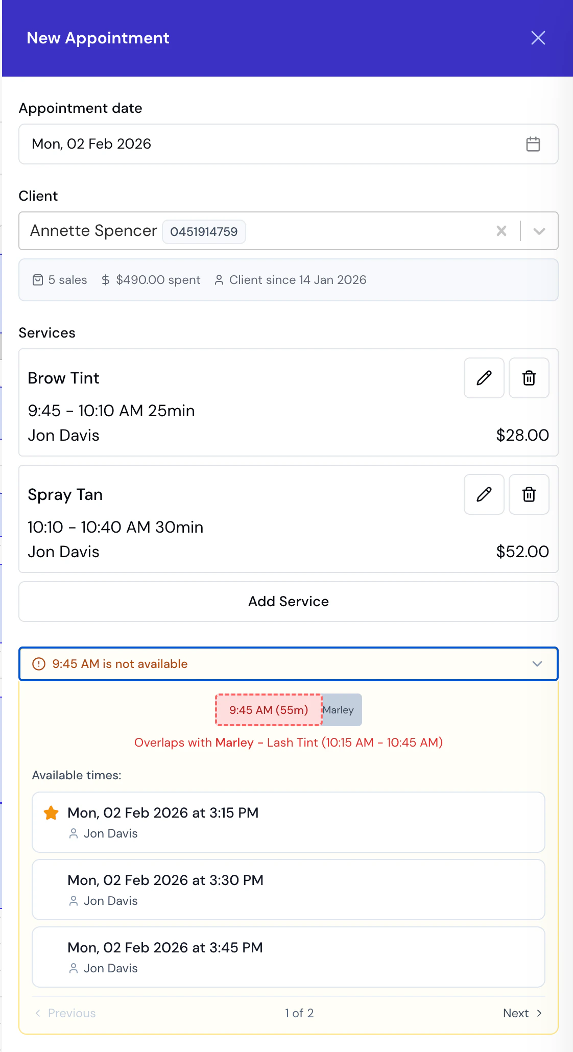 Availability conflict warning shown when scheduling overlaps with existing appointments