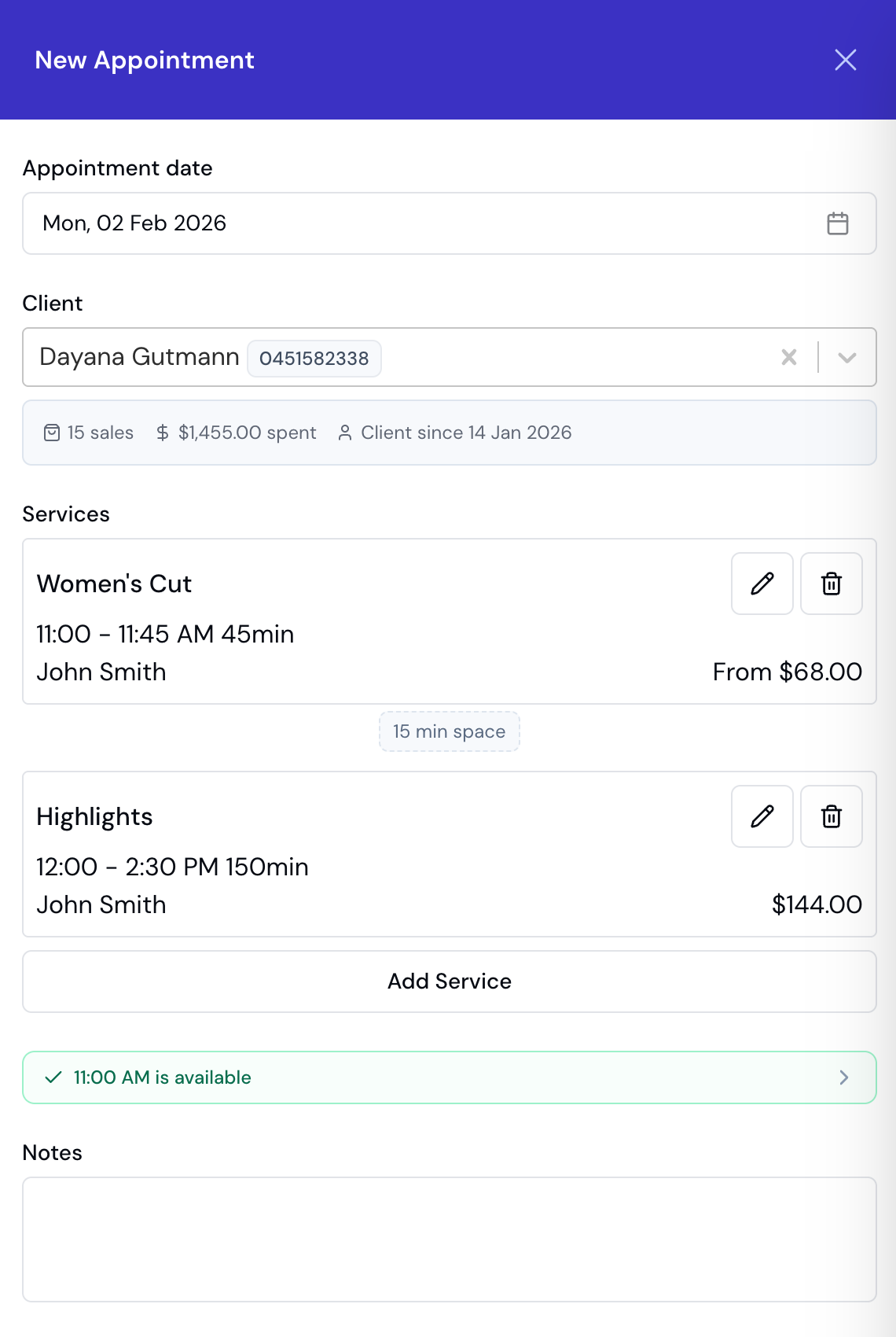 New appointment form with multiple services added for a single client