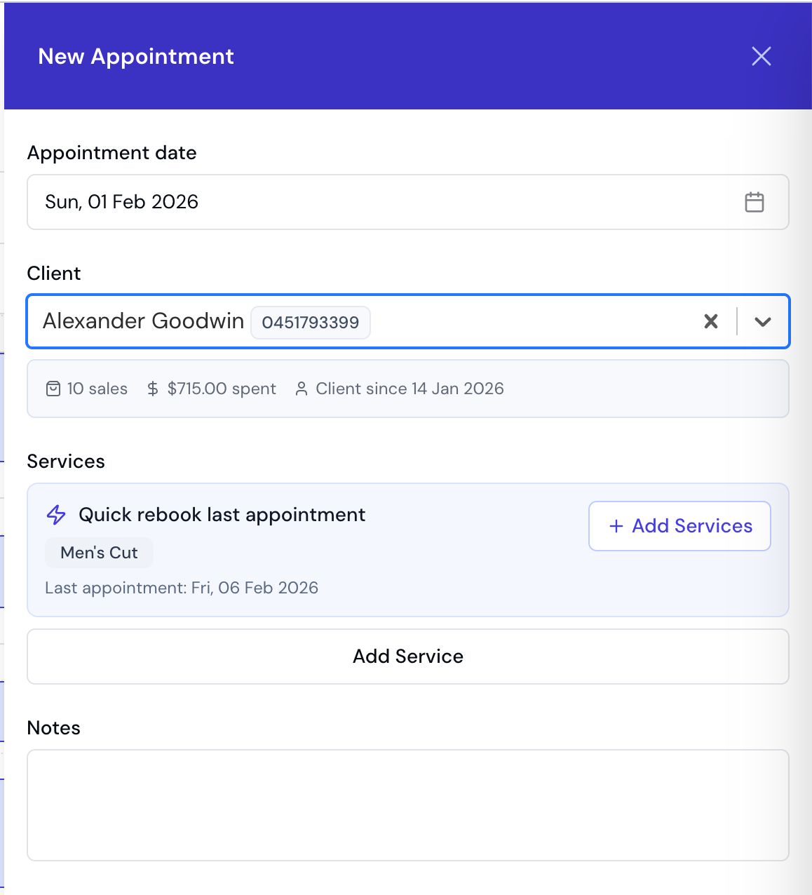 New appointment form showing AI-powered service suggestions for a returning client