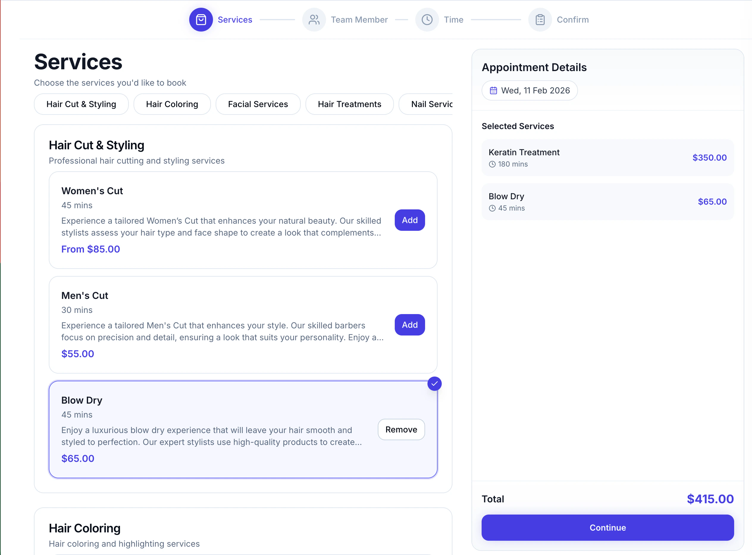 Client-facing online booking page showing services, team members, and booking flow