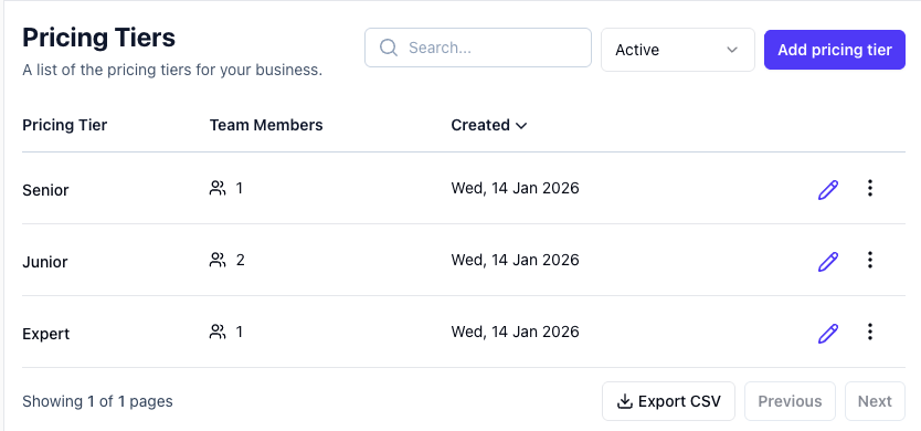Pricing tiers list showing Senior, Junior, and Expert tiers with team member counts