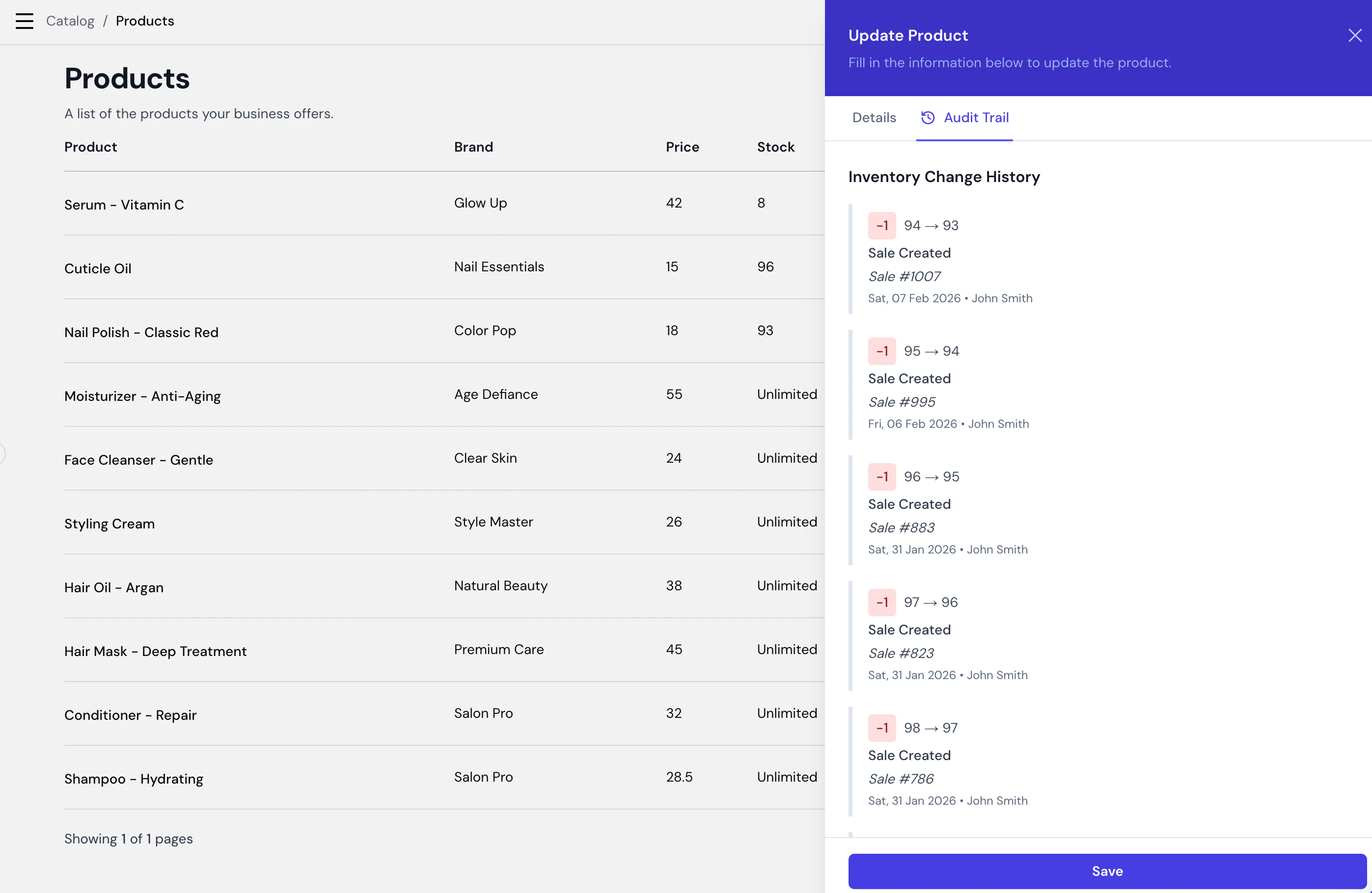 Products list showing product names, brands, prices, and stock levels